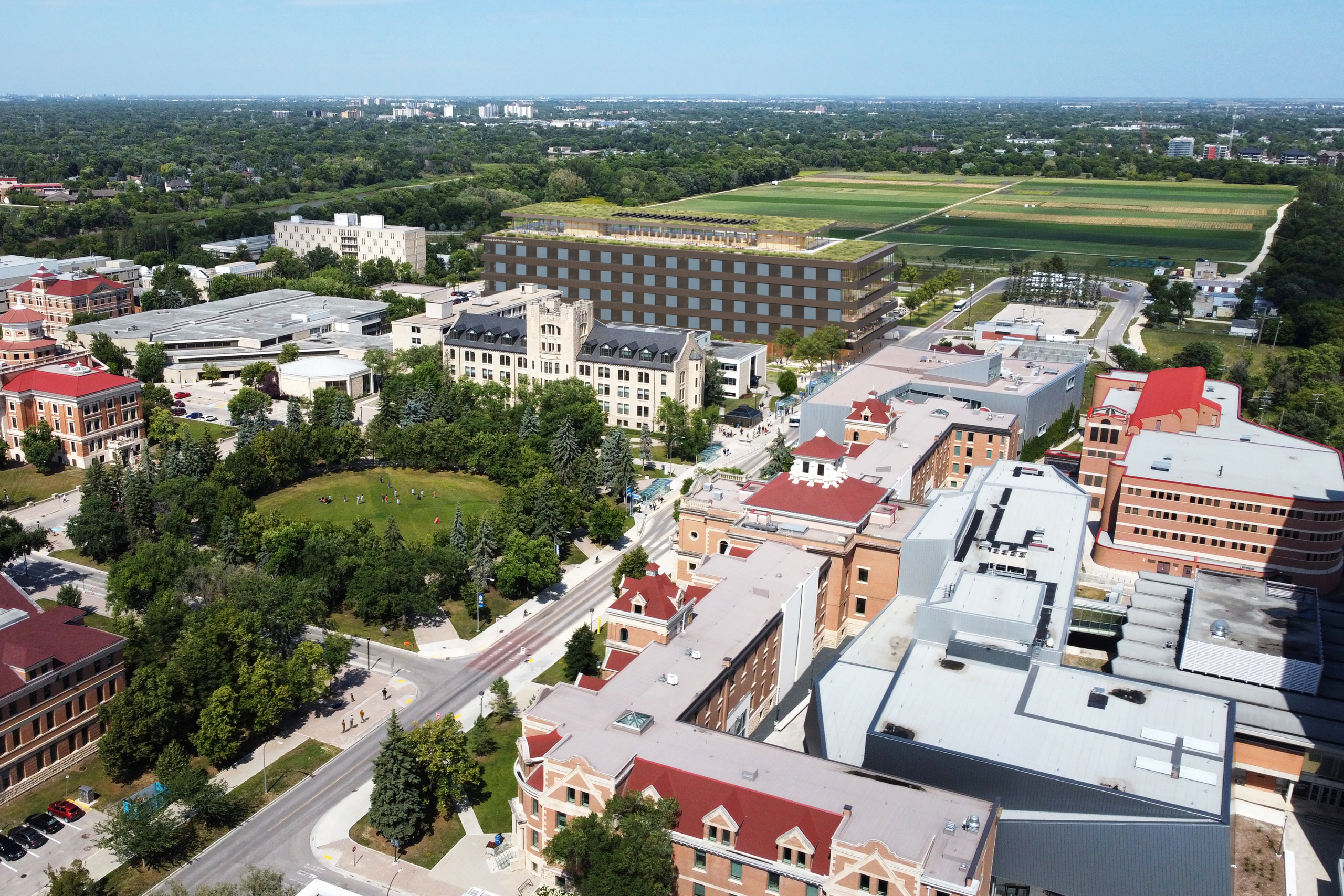 aerial shot of campus face north east showing illstrative building where new building in it place.