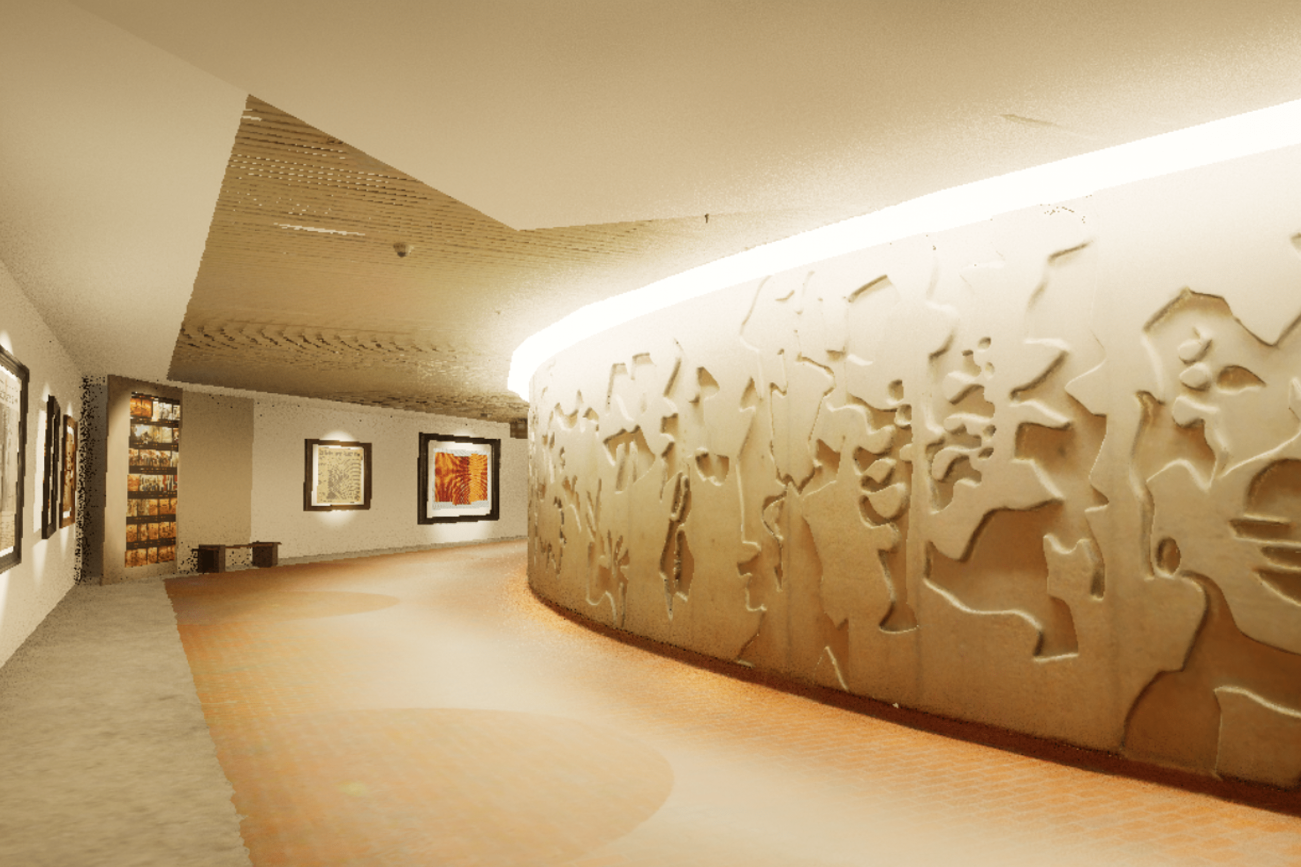 A museum hallway with abstract art on the left and a textured beige wall on the right. 