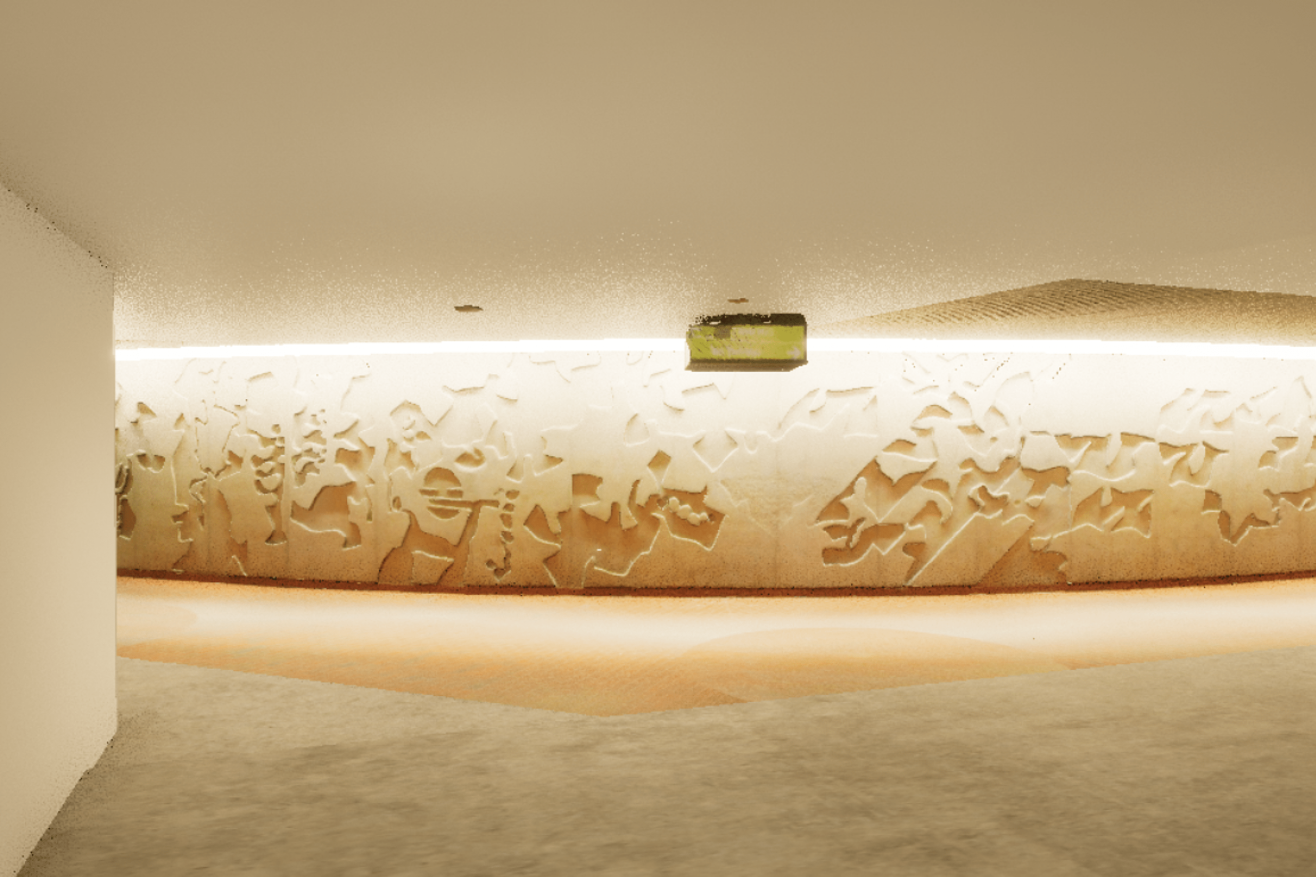 Curved hallway with modern, textured wall lit by subtle overhead lighting, creating a calm and inviting atmosphere. 