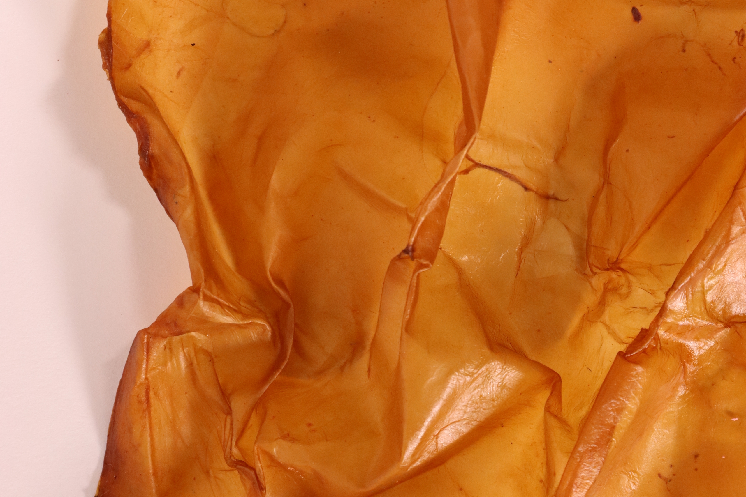 Close-up of a crumpled, translucent amber-colored material with visible creases and darkened edges.