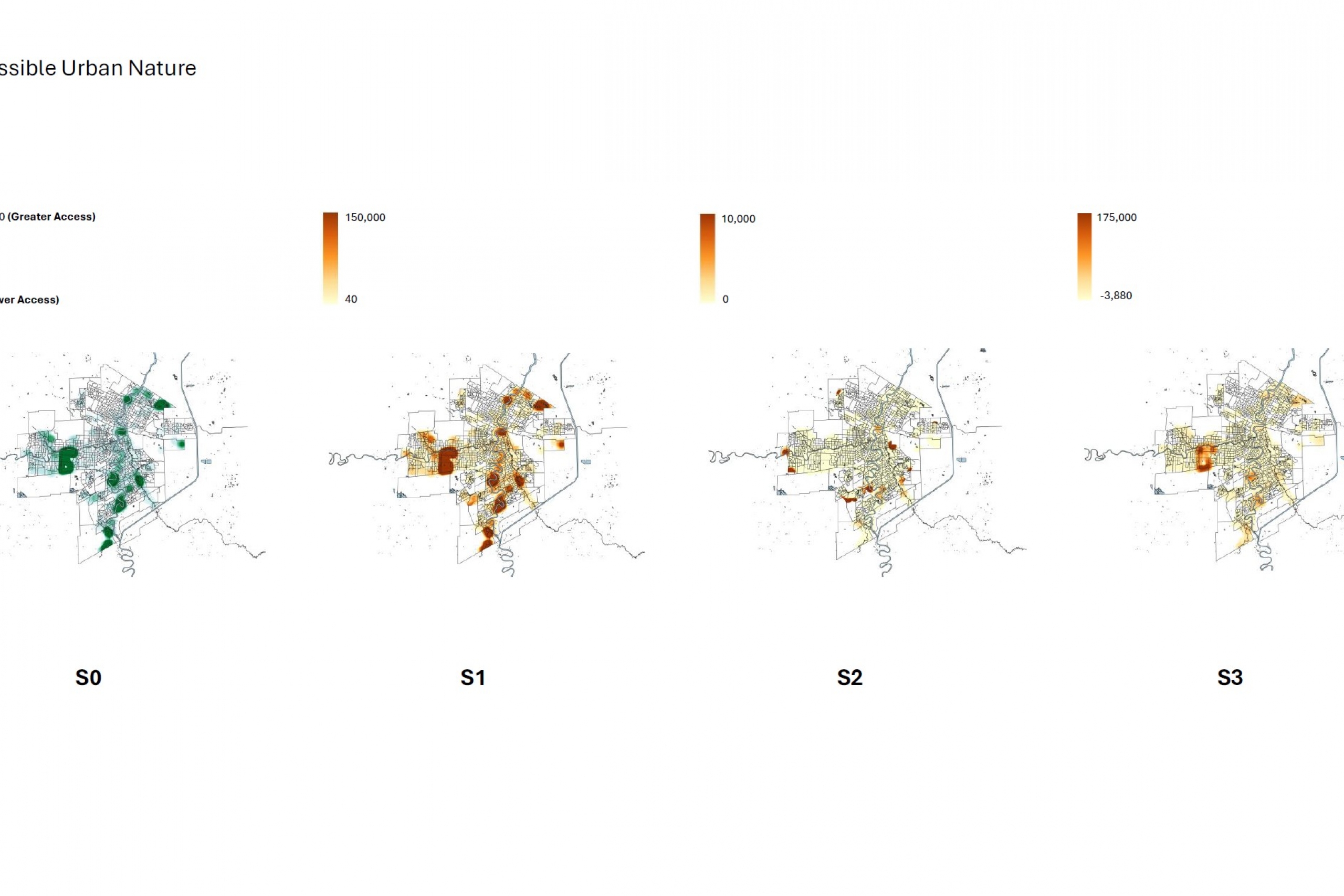 Four urban maps show varying access to nature, color-coded from green (higher access) to orange (lower access).