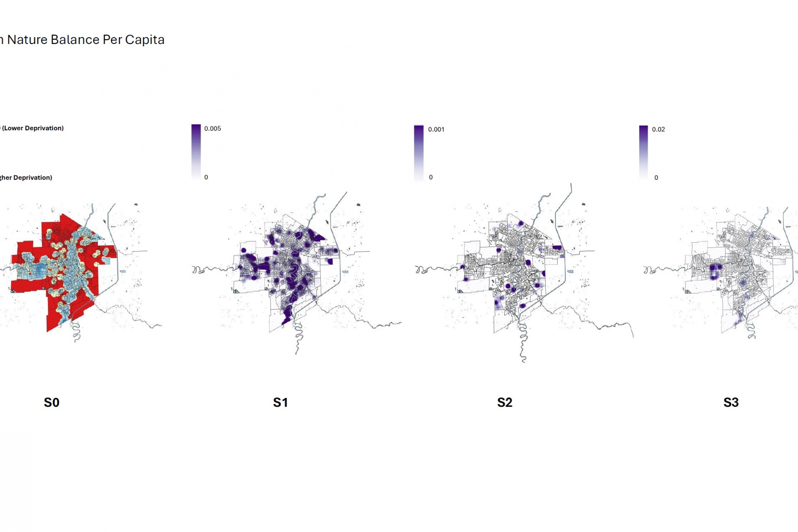 Four urban maps indicating varying levels of urban nature and highlights areas of deprivation.