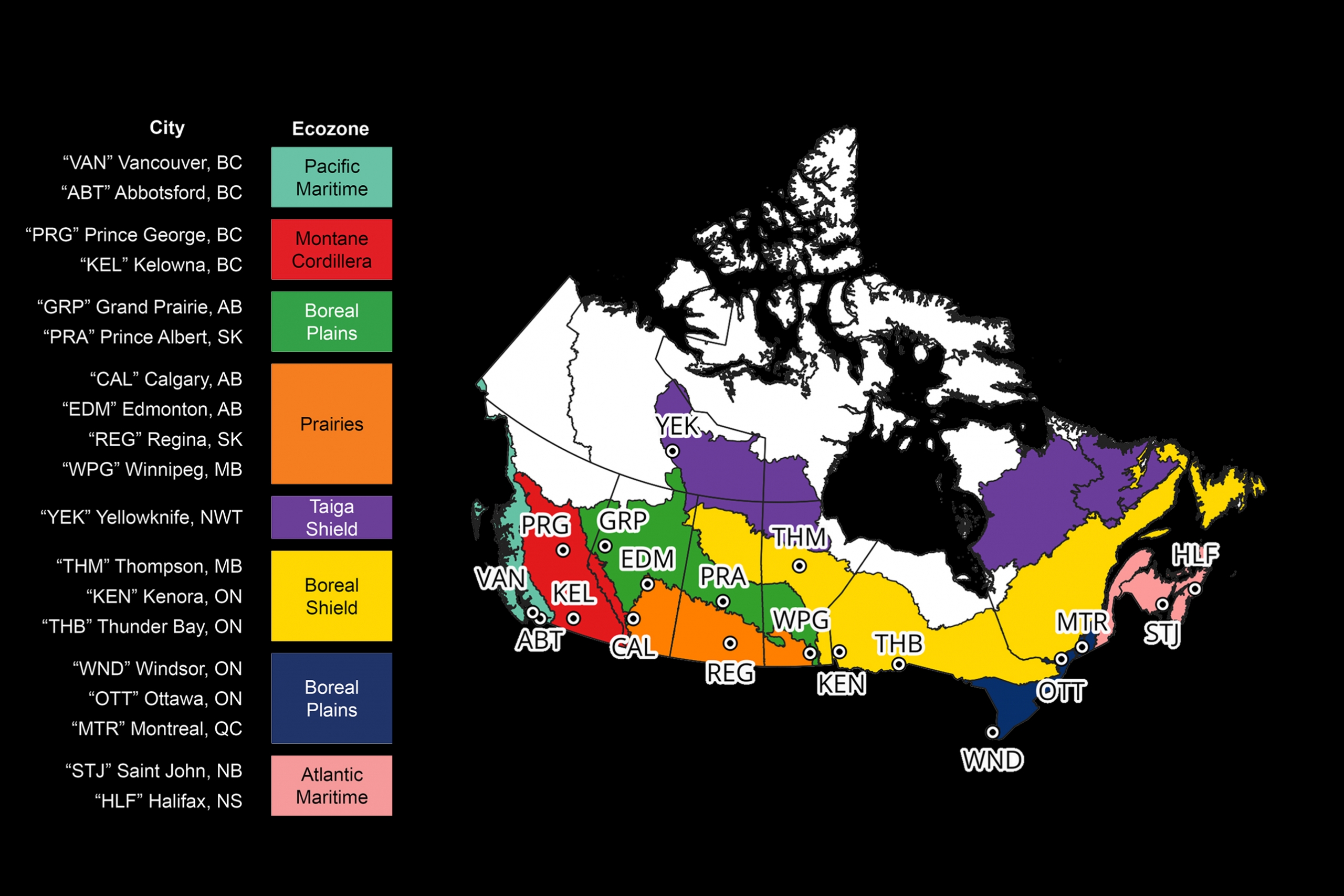 Map of Canada highlighting ecozones with cities marked.