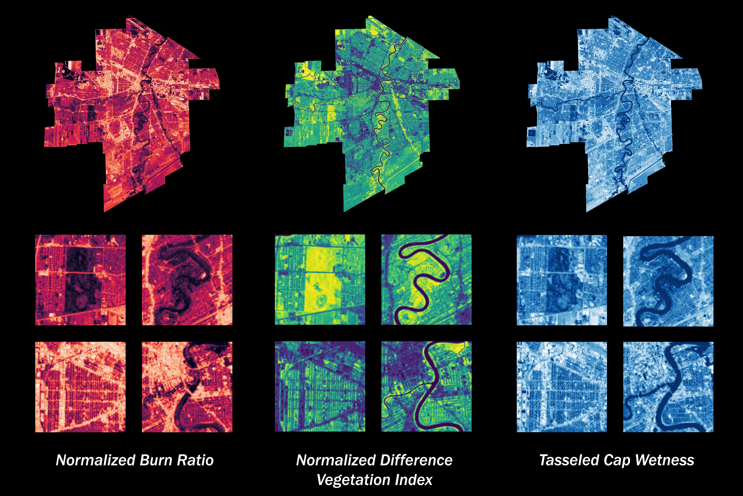 Three sets of aerial maps depict vegetation and moisture.