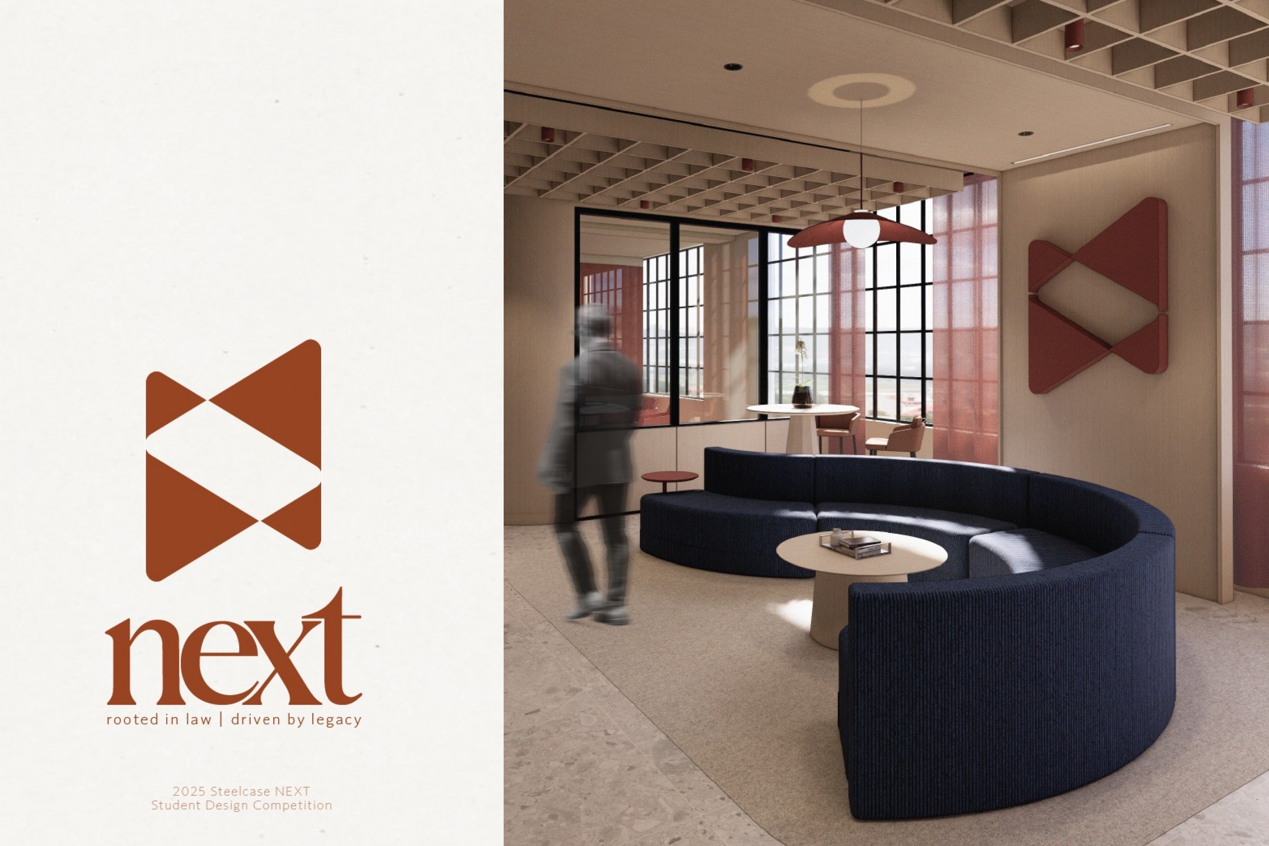 Modern office interior with a navy curved sofa, a round table, large windows, and red accents.