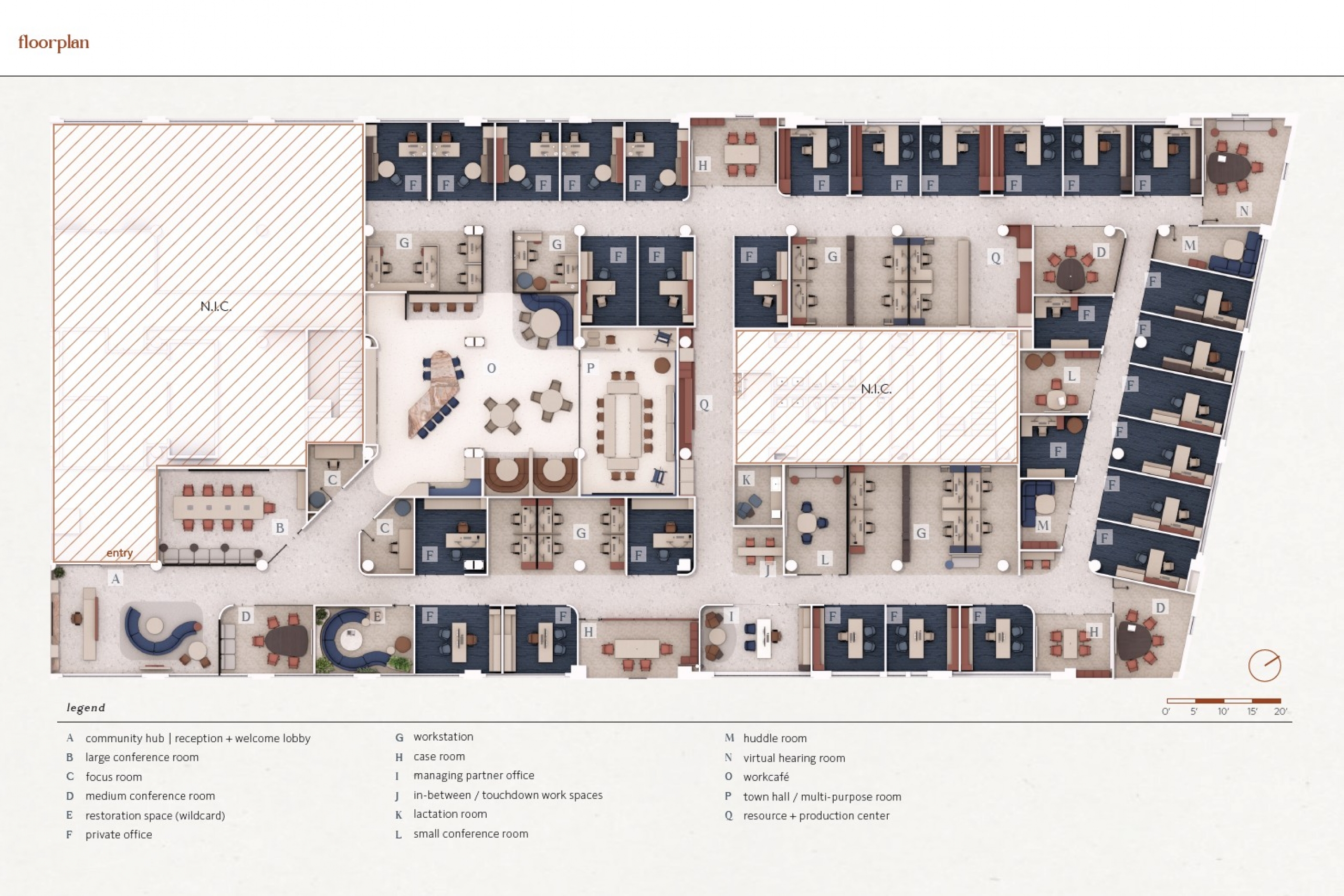 Office floor plan with labeled rooms, corridors, and meeting spaces. 
