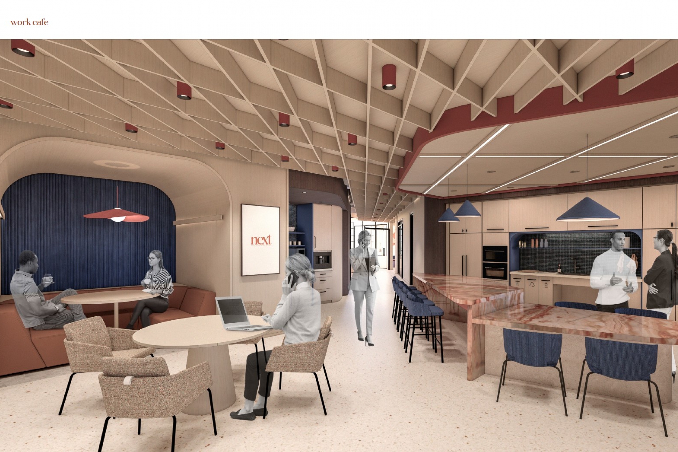 Modern office café with a warm, neutral palette.