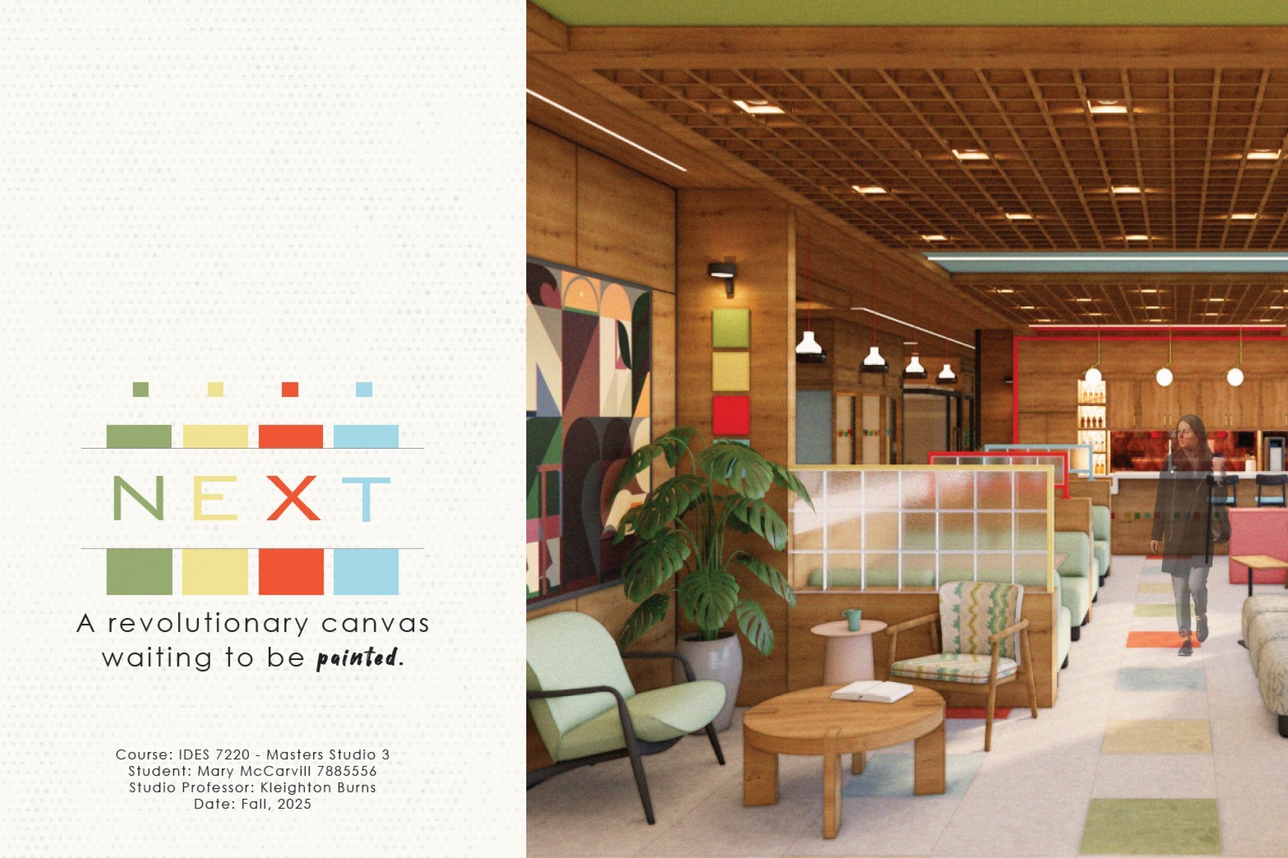 Modern lounge with colorful decor and seating.