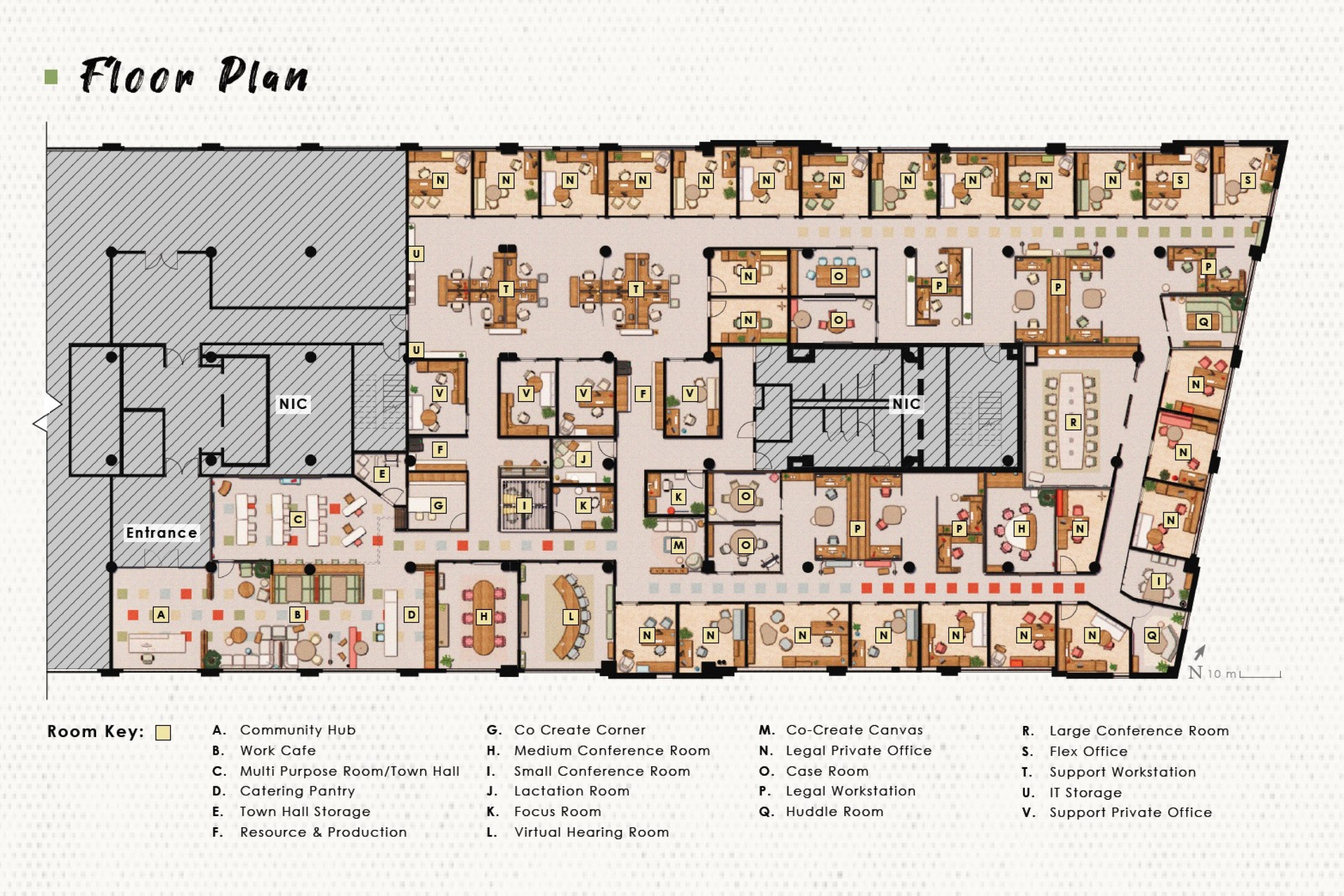 Office floor plan showing various labeled rooms, including conference rooms, workstations, cafe, and private offices.