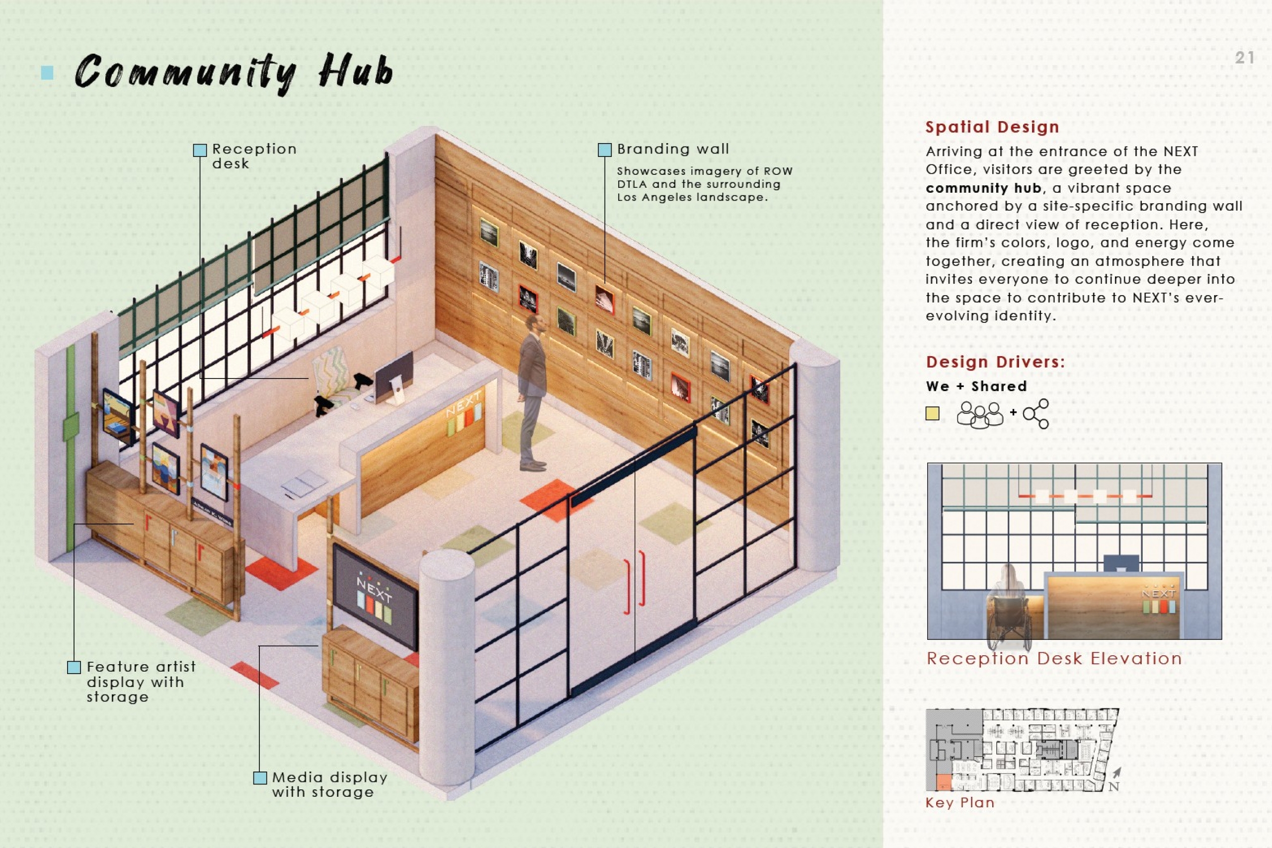Isometric illustration of a modern community hub with a reception desk, branding wall showcasing artwork, and media displays.