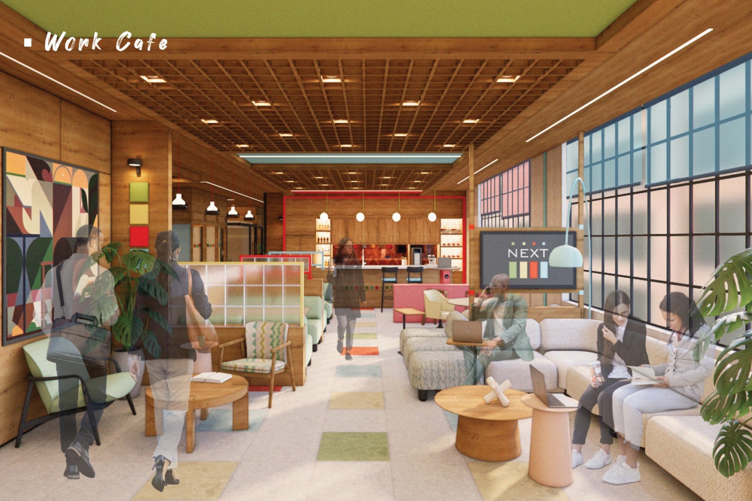 Modern work cafe with wooden decor, colorful seating, and abstract art.