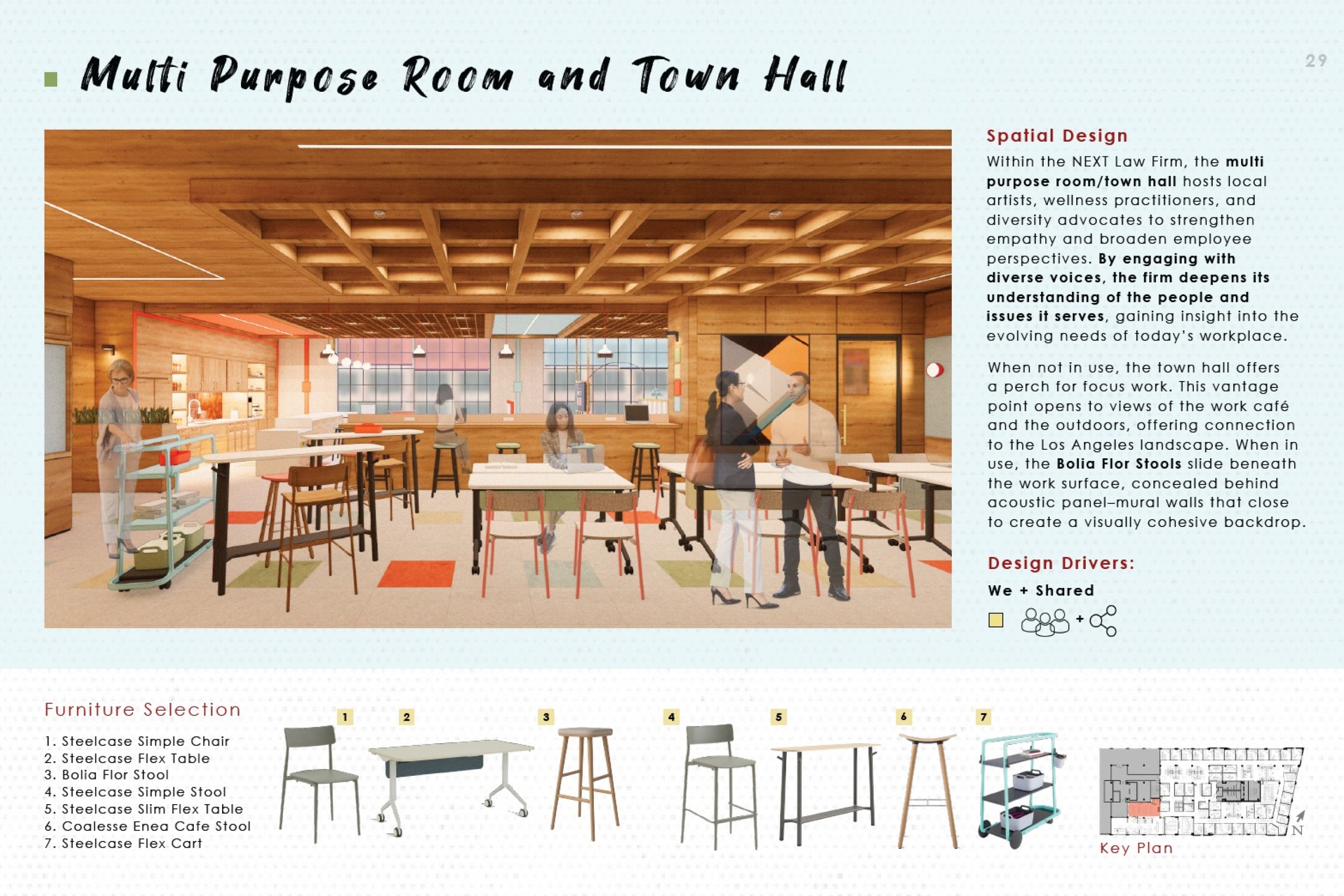 Modern multi-purpose room with wooden ceilings, long tables, and stools, designed for a law firm's gatherings.