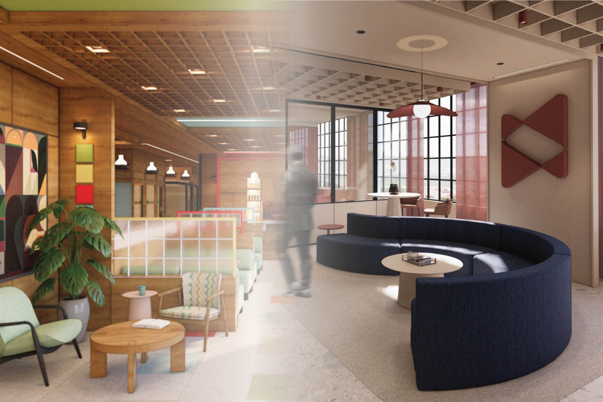 Modern office lounge divided into two parts, one inside is cozy looking and the other an more modern look