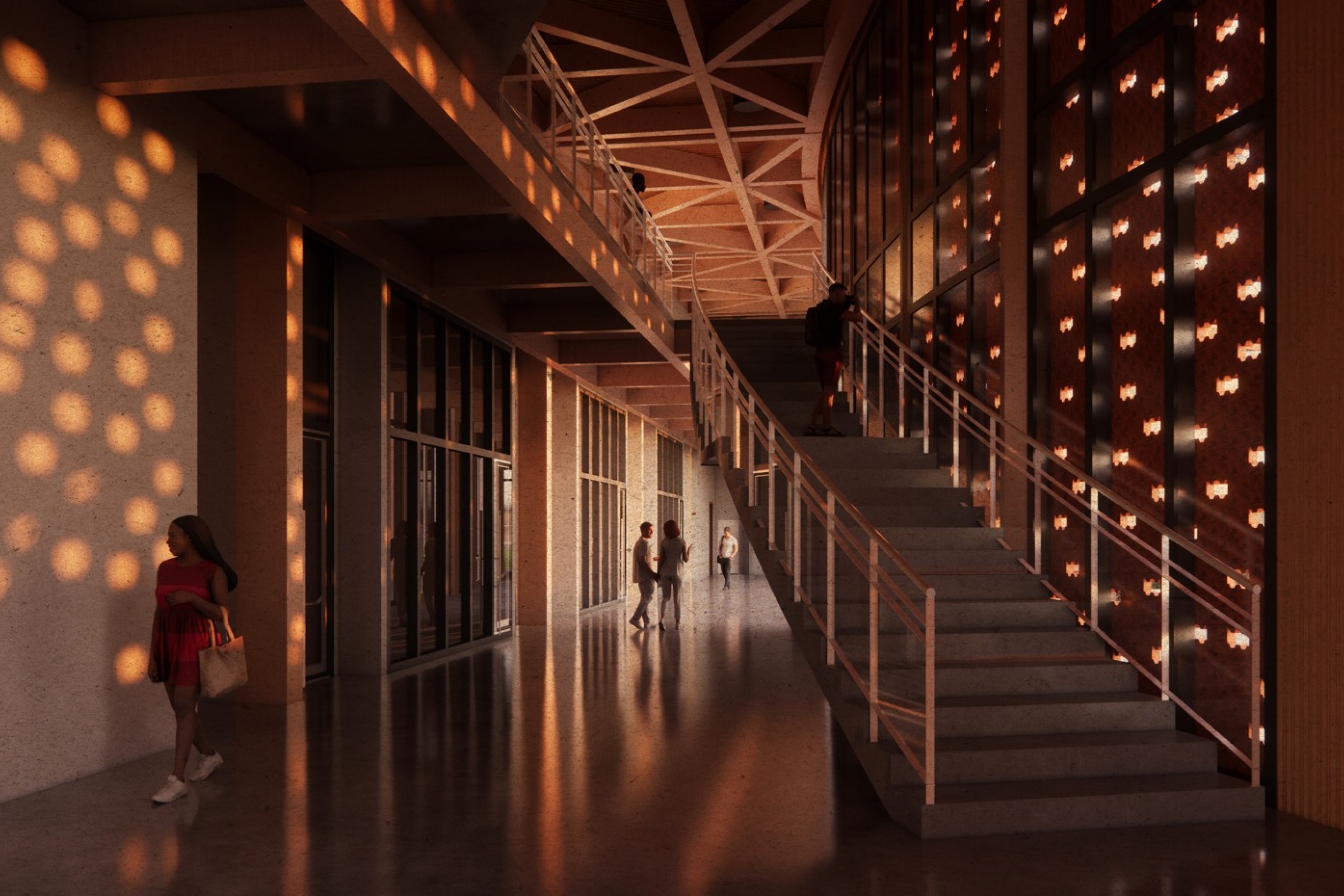 Spacious modern hall with a staircase, illuminated by warm, dotted sunlight filtering through a patterned wall.