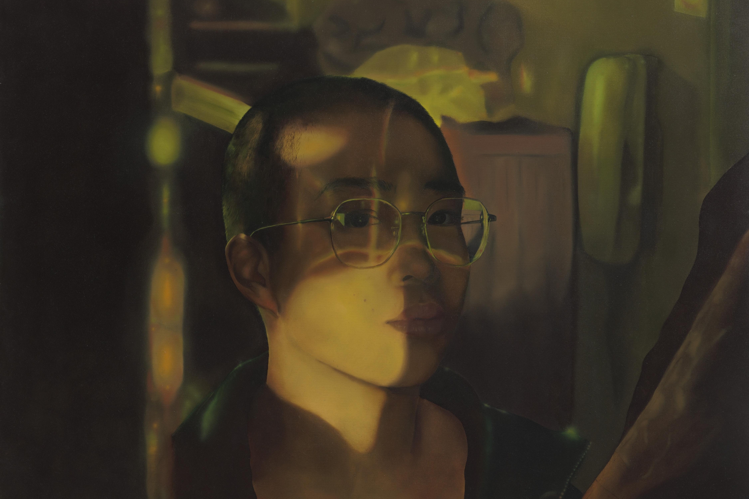 Portrait painting of a person with short hair and glasses seated in a dim interior, their face partially illuminated by warm, refracted light.