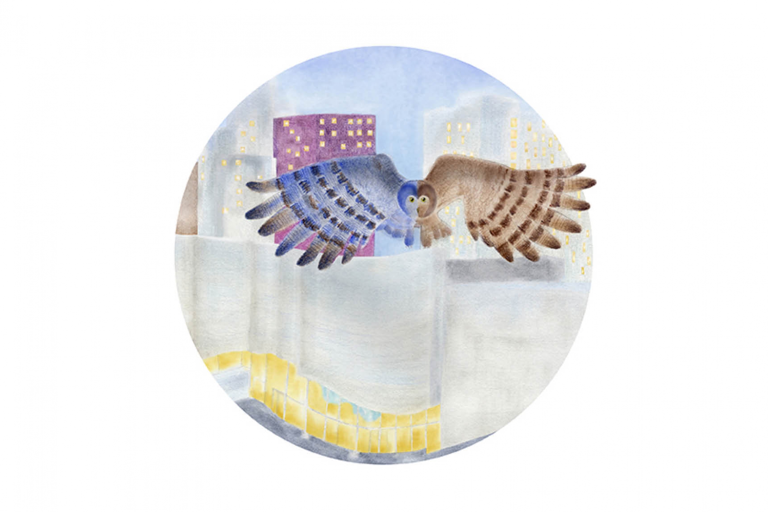 A watercolor-style illustration of an owl in flight over a snow-covered cityscape.