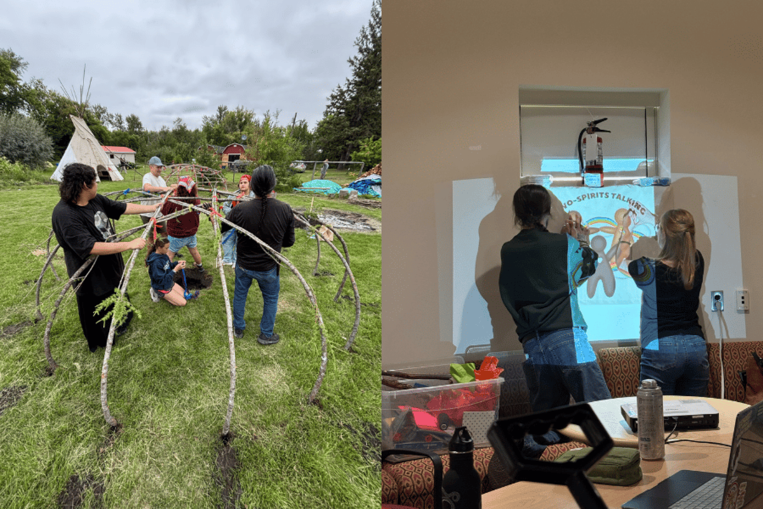 Participants build a traditional structure and create artwork during a Two-Spirit gathering.