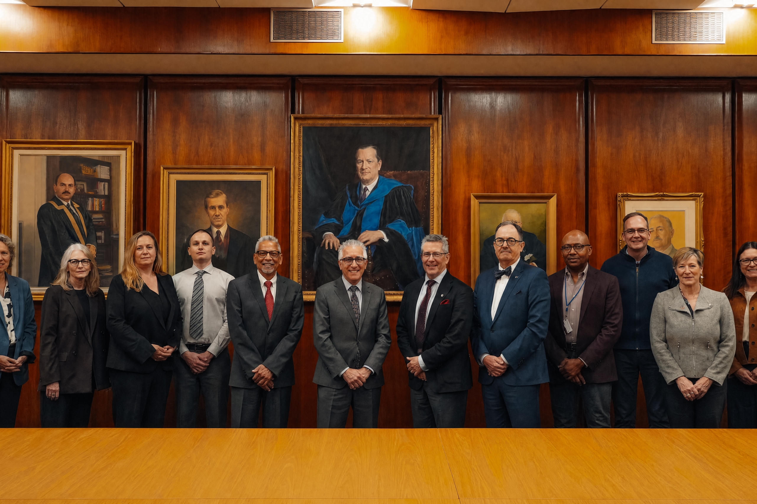 Dr. Paul Hébert (centre), president of the Canadian Institutes of Health Research, with UM President Michael Benarroch and other UM leaders