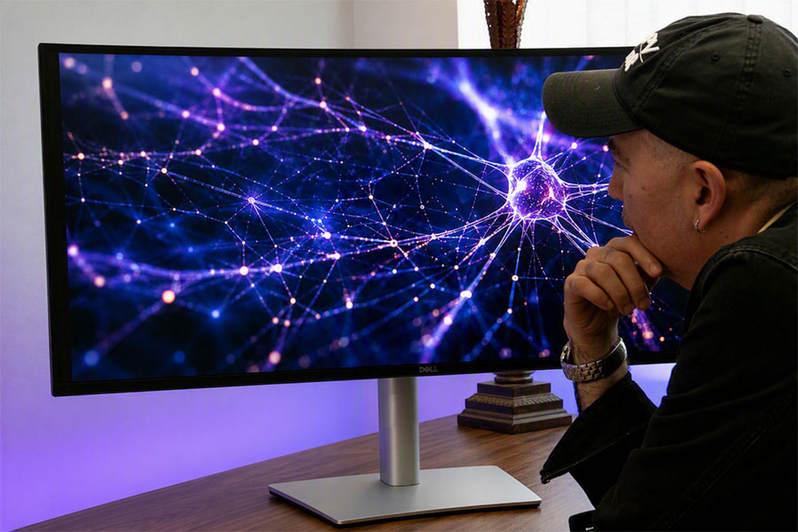 Person with hat stares at screen with digital image of AI