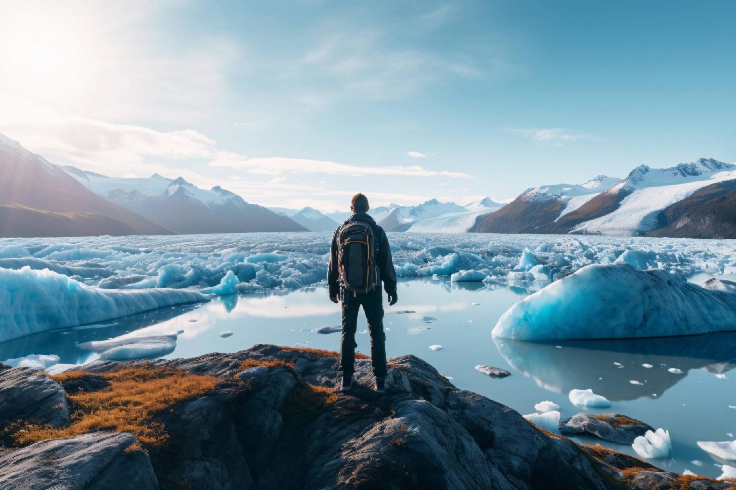 A figure stands on land looking out to a melting Arctic landscape.