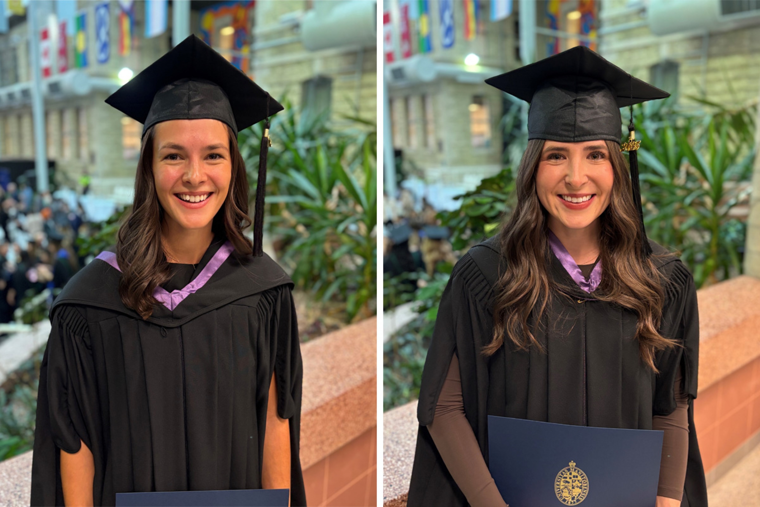 Hailee Morisseau and Anna Zrinyi pose in their caps and gowns at convocation.