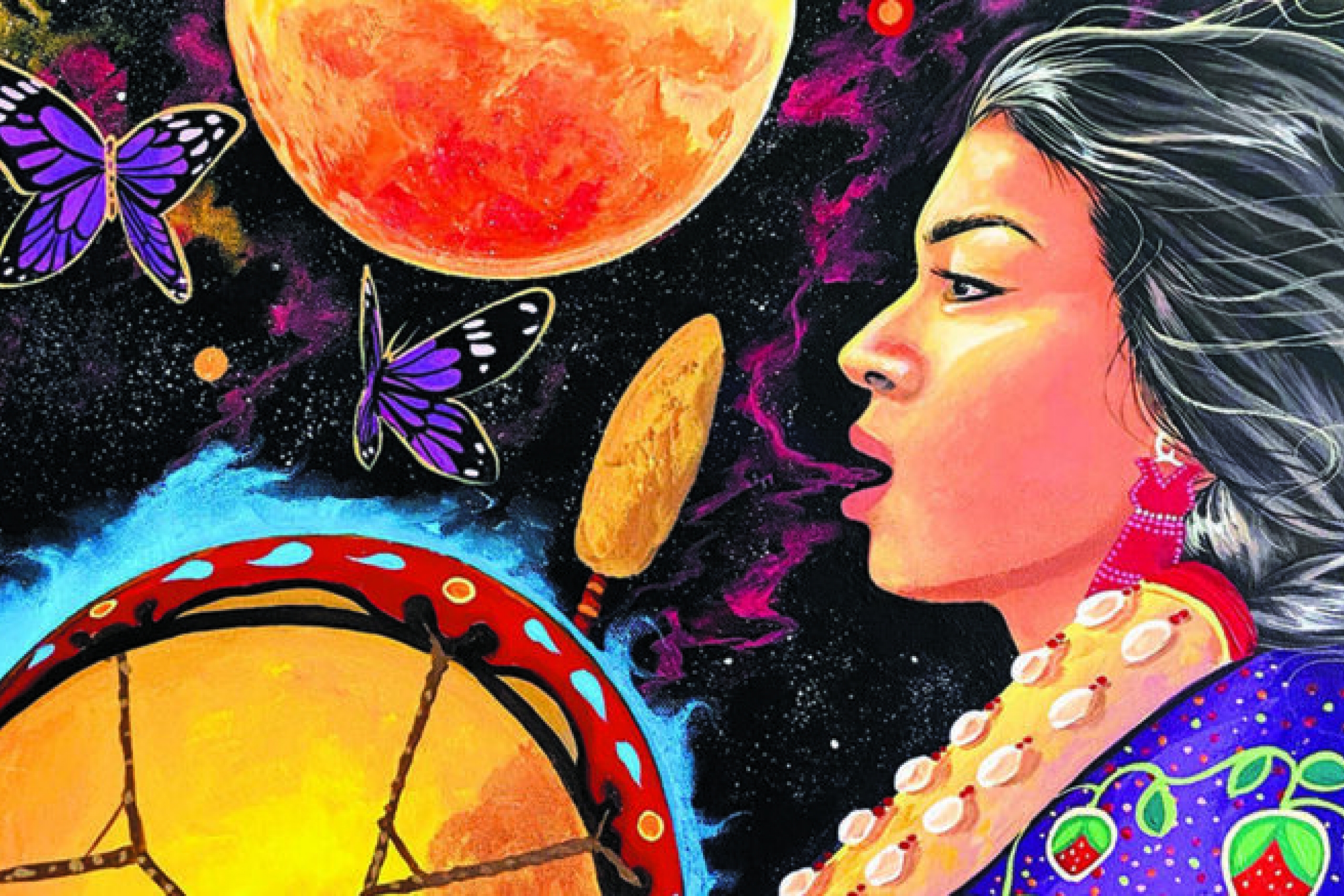 Painting of Indigenous woman with butterflies, drum and moon.