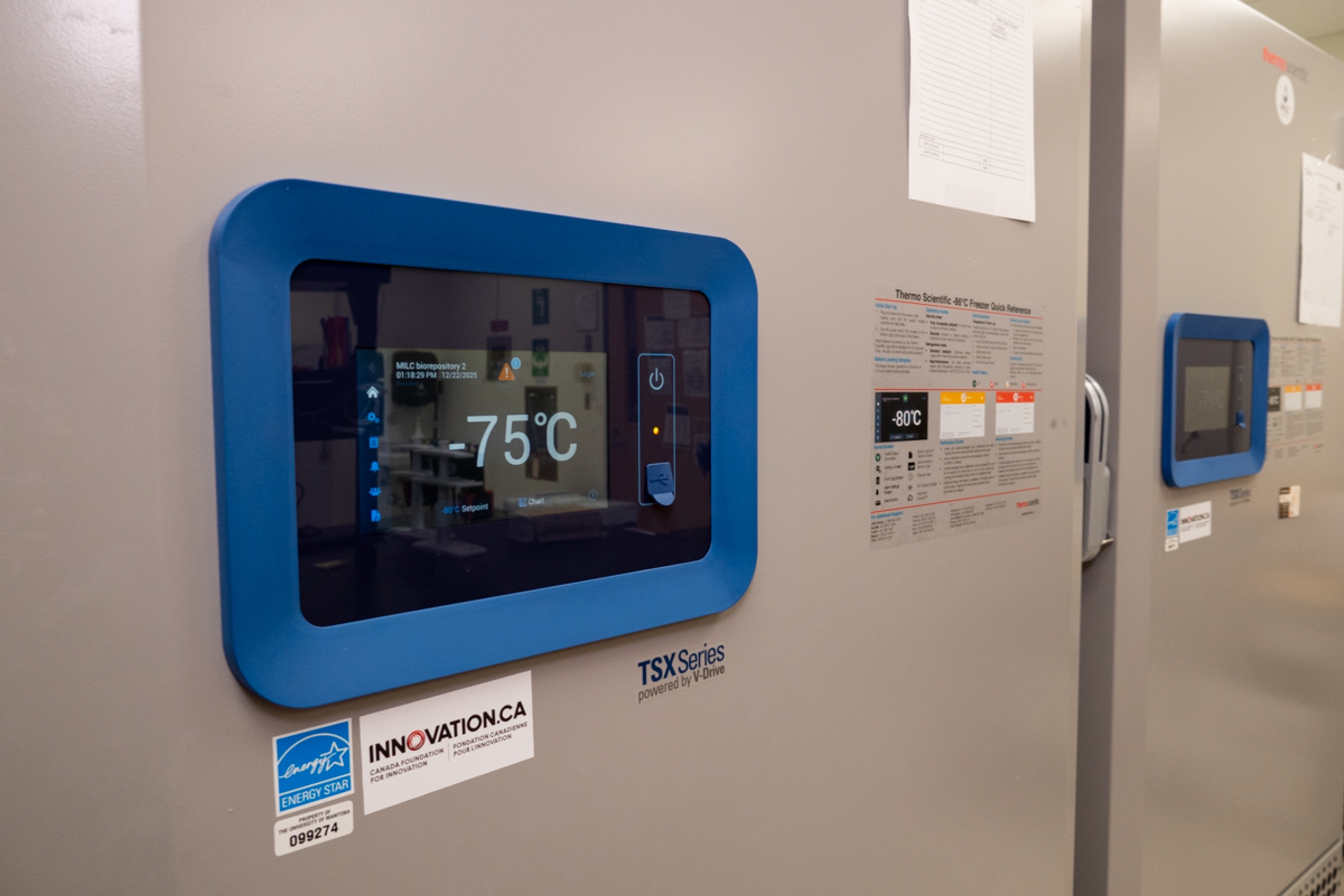A biorepository freezer that displays -75°C on a screen.