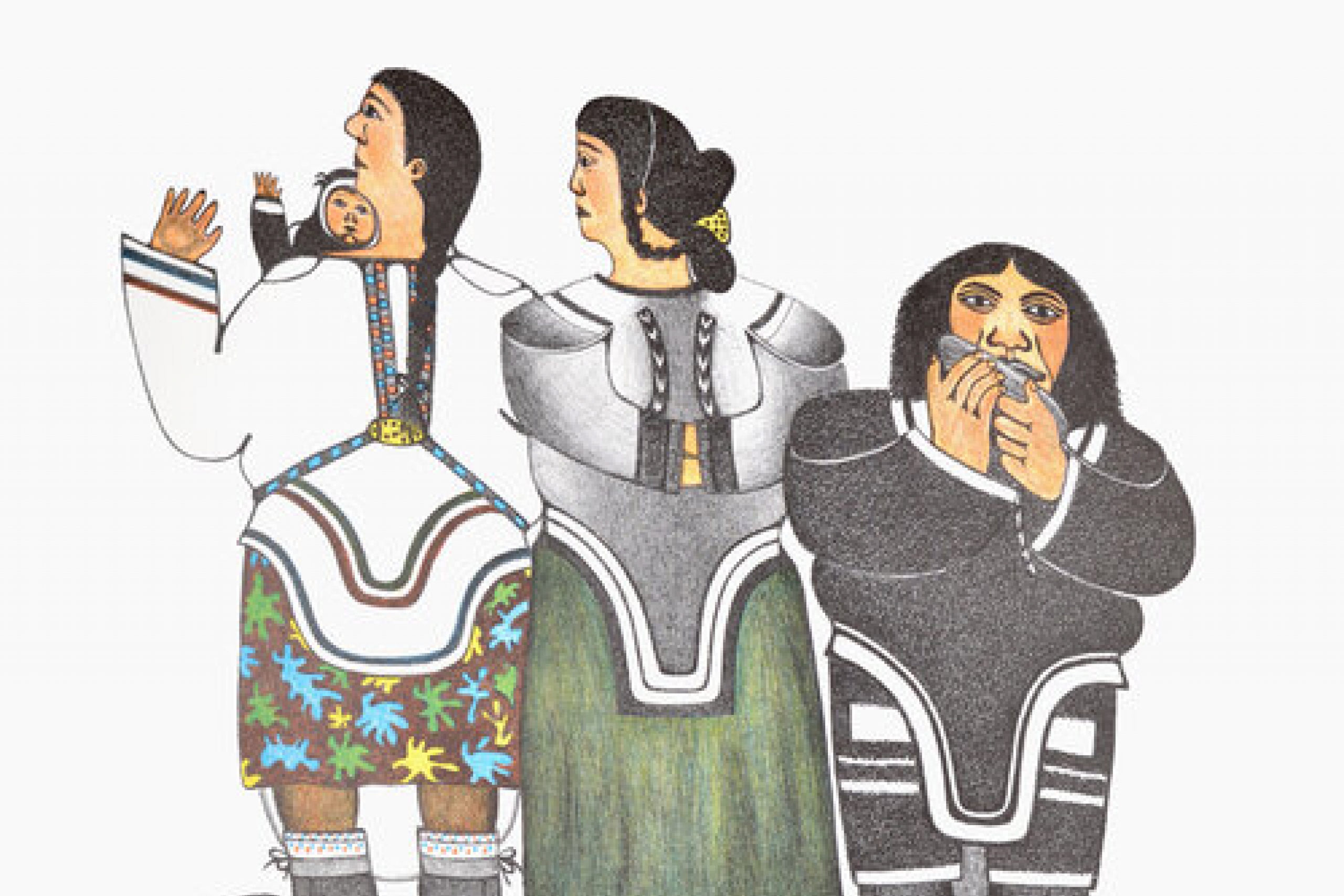 The artwork Changing Traditions by Pitaloosie Saila depicts three people and a baby.