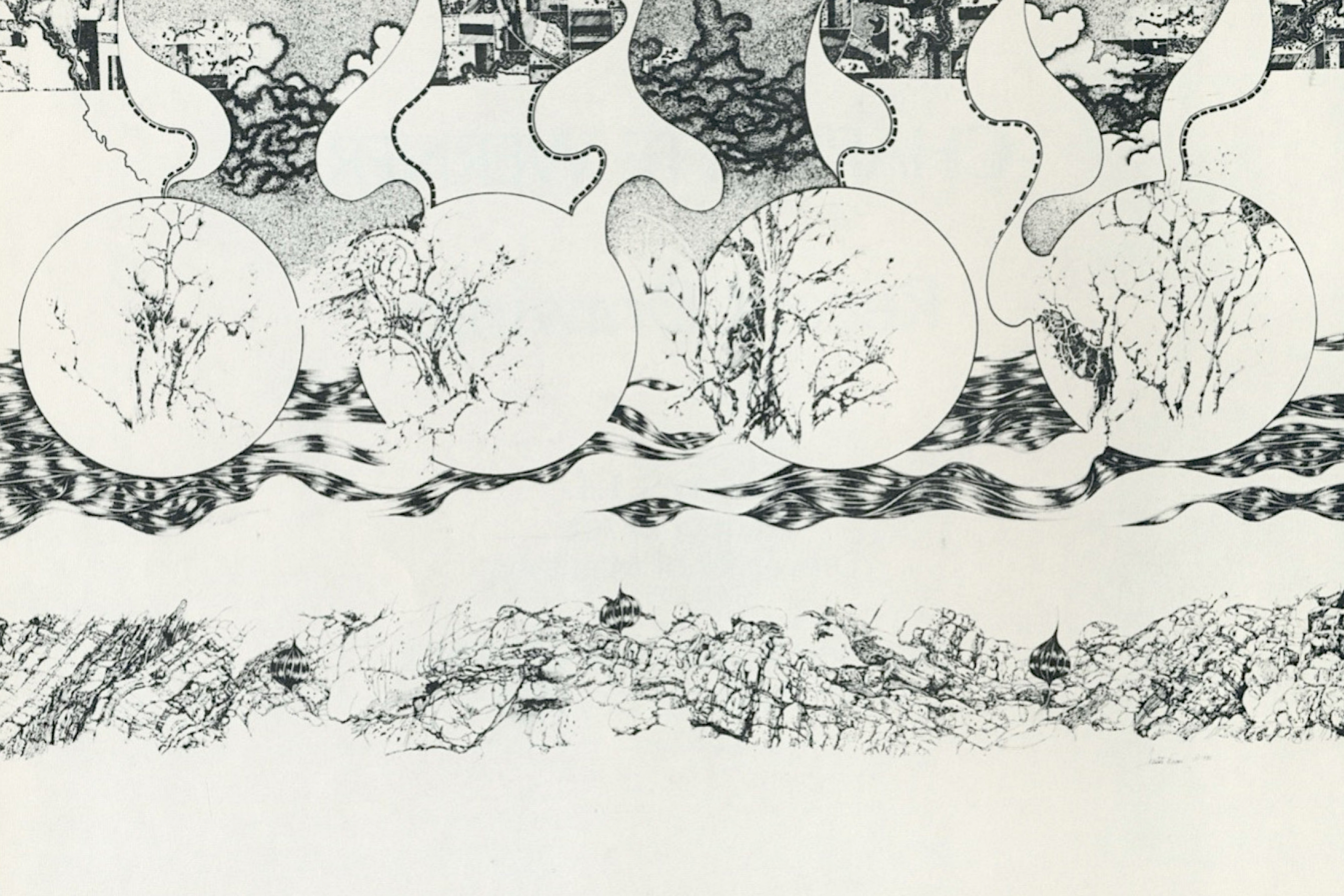 Black-and-white ink drawing by Charlotte Werner featuring circular frames with delicate tree forms.