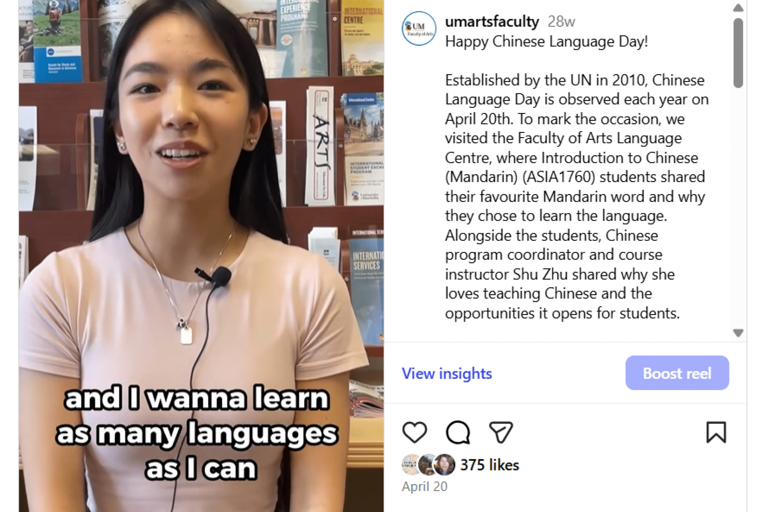 Female student wearing a lapel microphone speaking to the camera, with an Instagram post caption beside her.