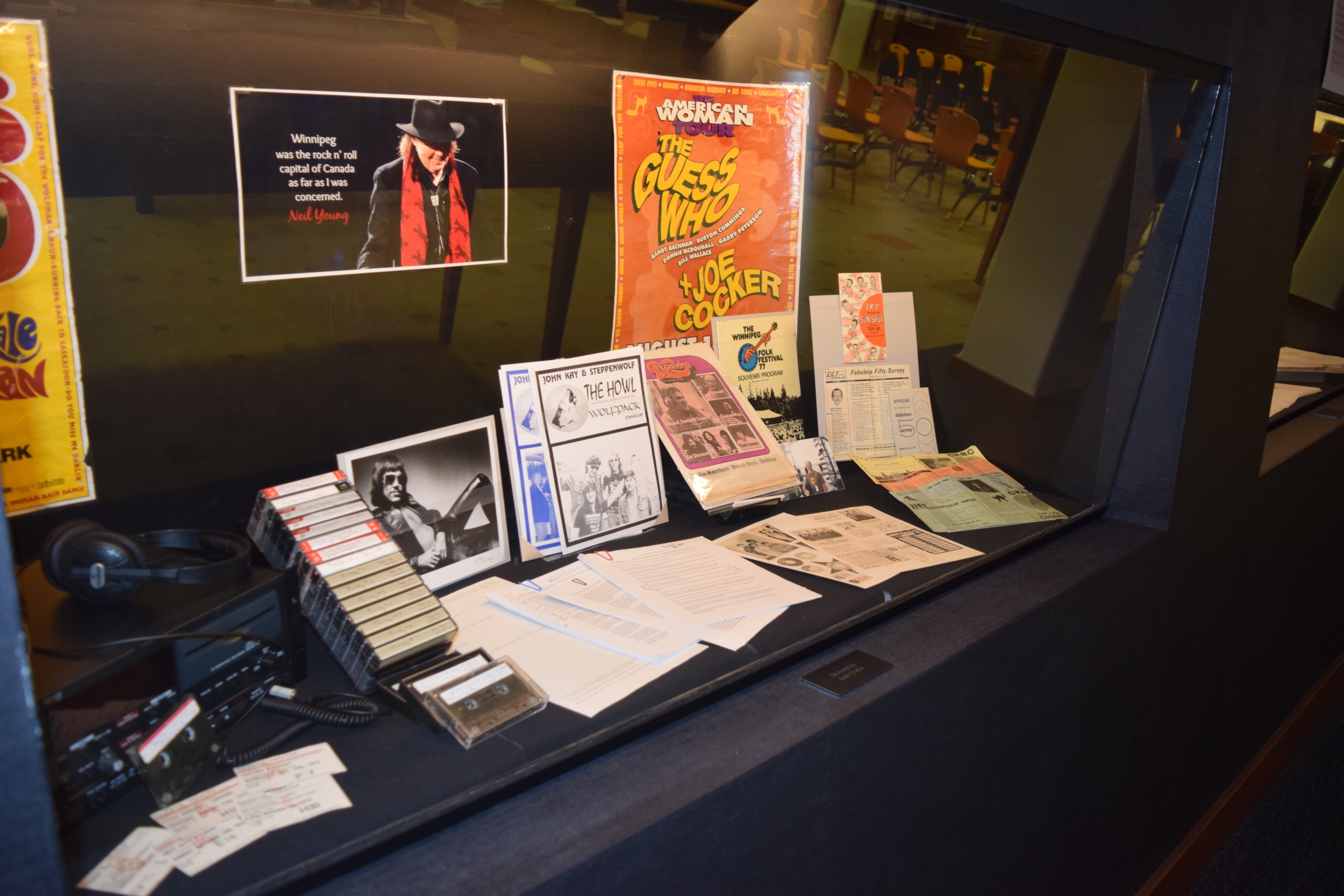 A display of memorabilia from rock historian John Einarson 