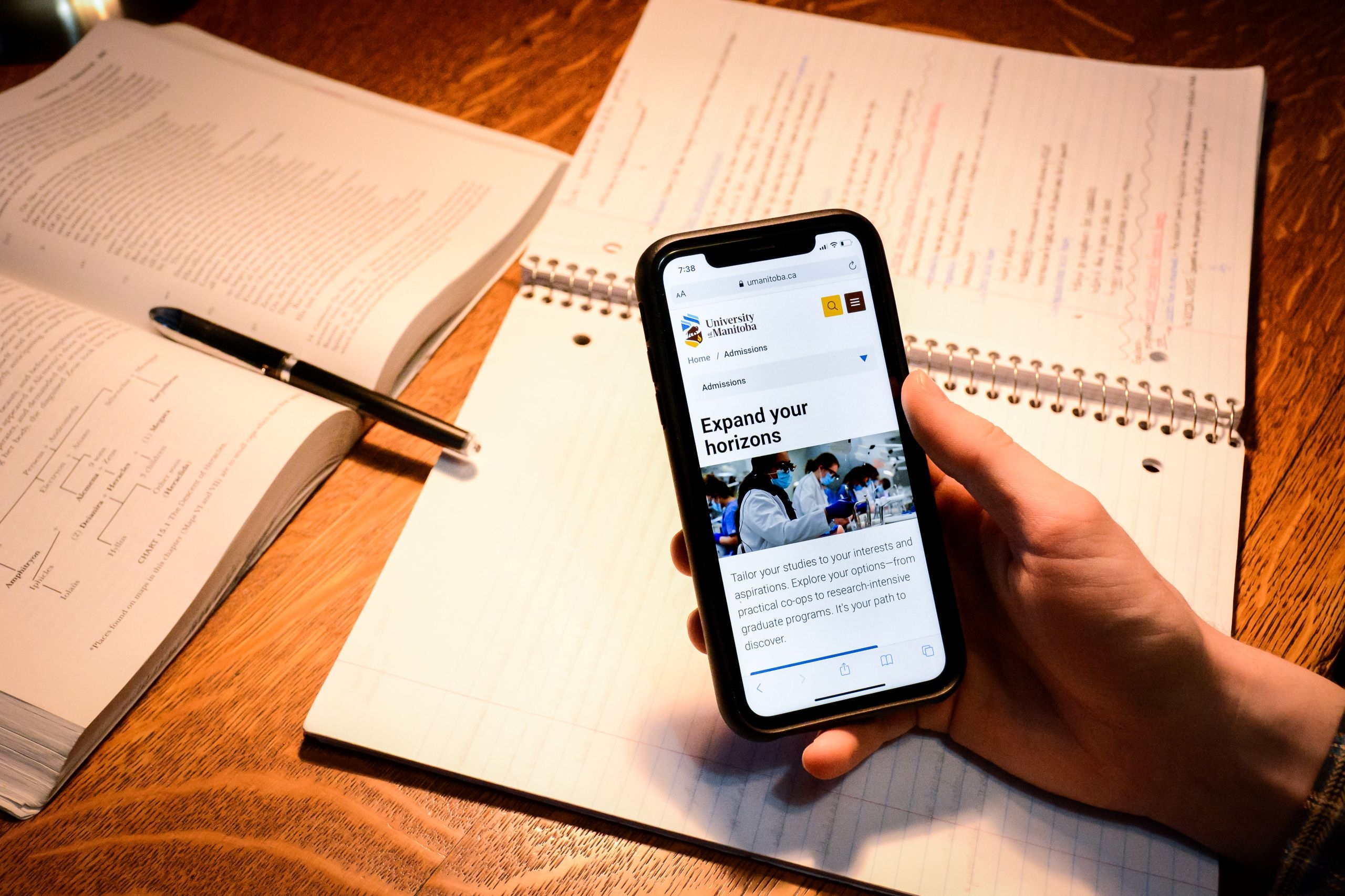 A person holds a cell phone with UM news on the screen.
