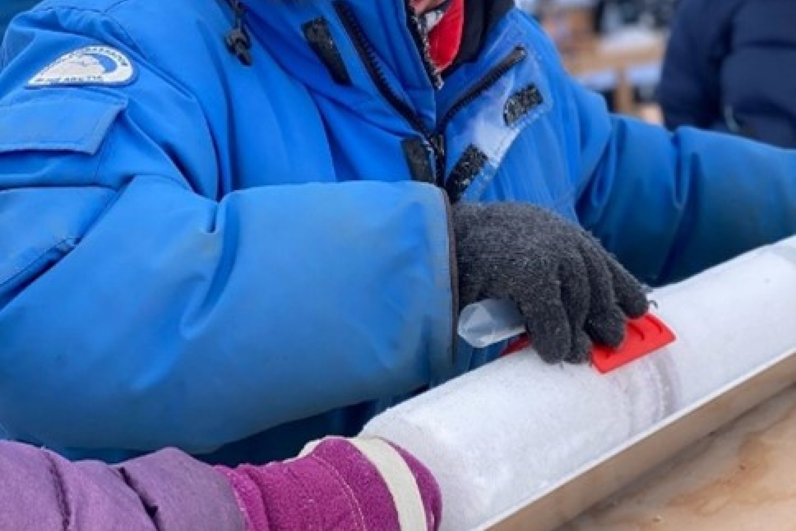 A woman in a blue parka handles the ice core