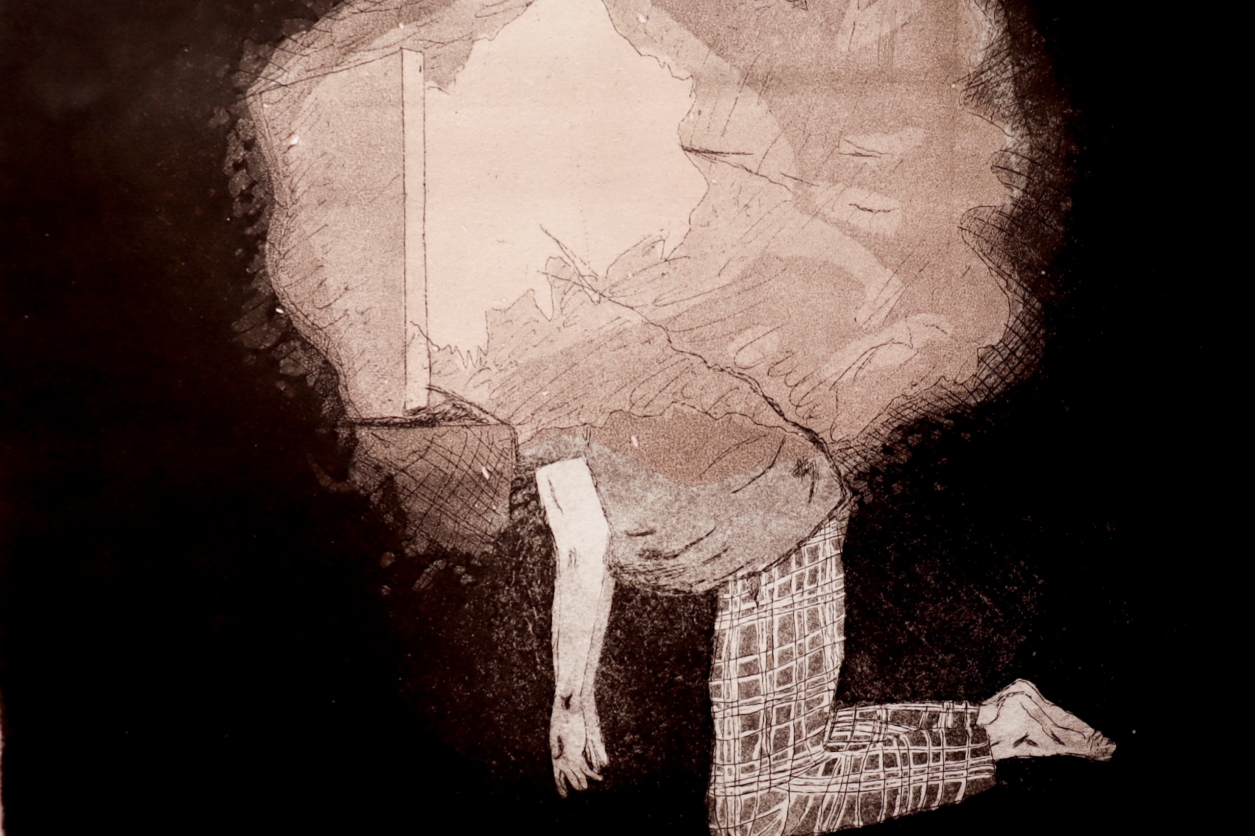 Etching of a kneeling figure emerging from a dark, textured background.