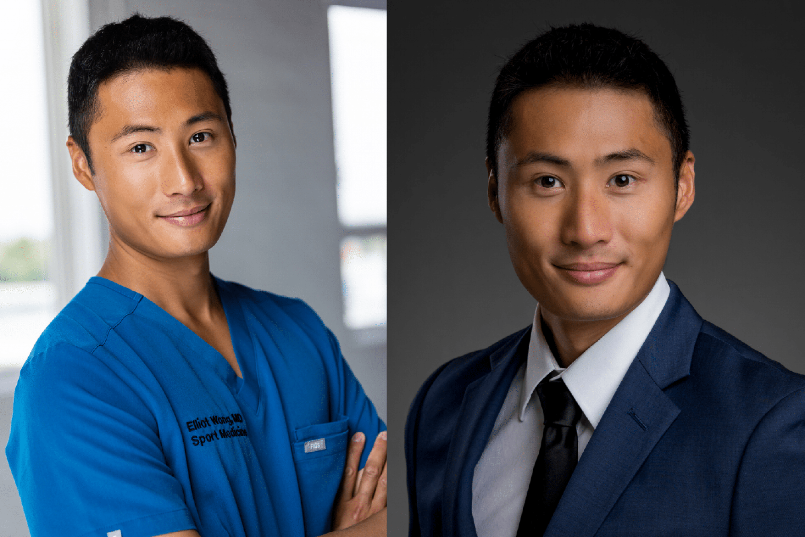 Dr Elliot Wong shown in his doctor clothing and business attire