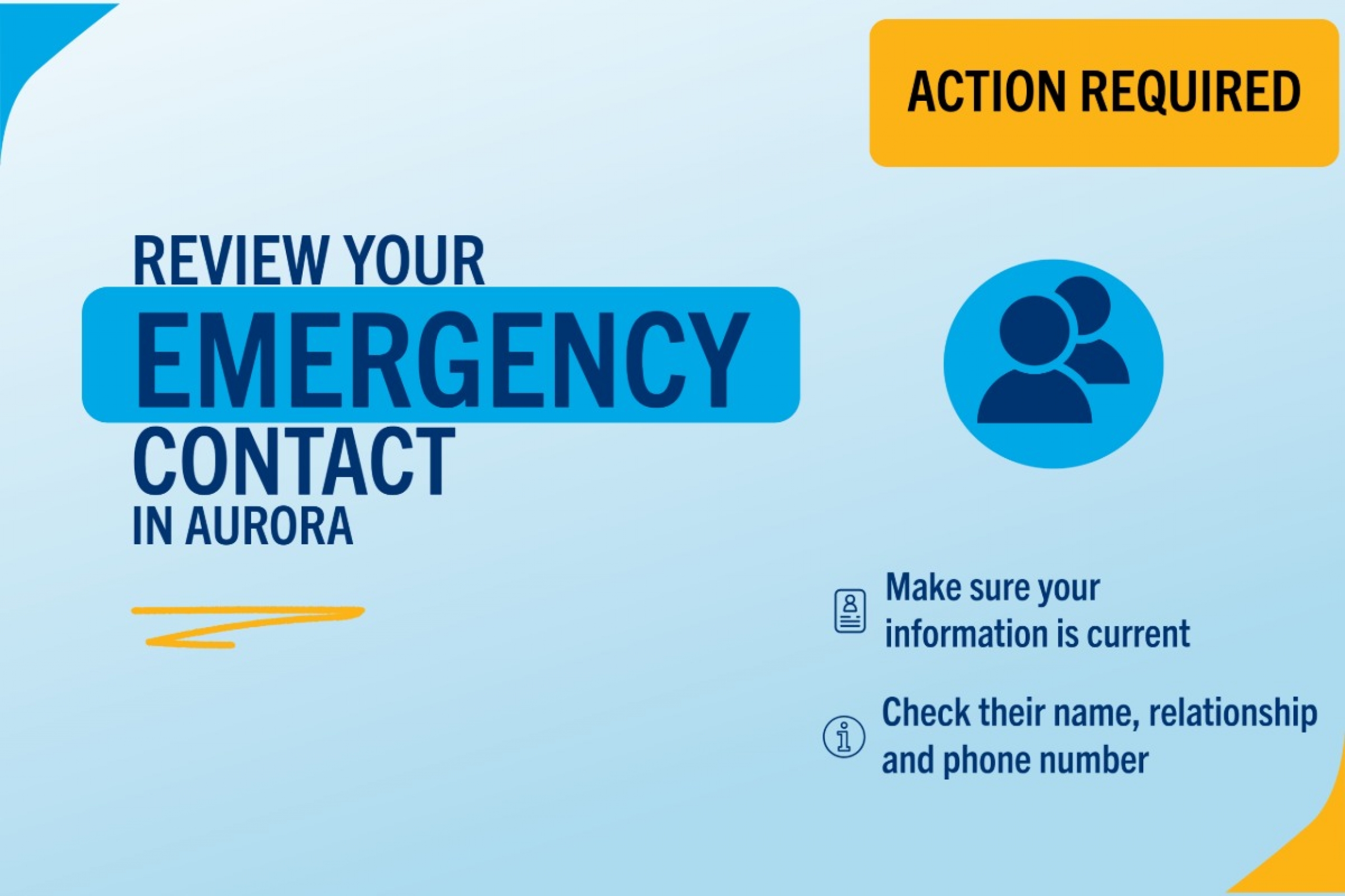 Graphic instructing students to review their emergency contact in Aurora. Image of a cellphone against a light blue background.