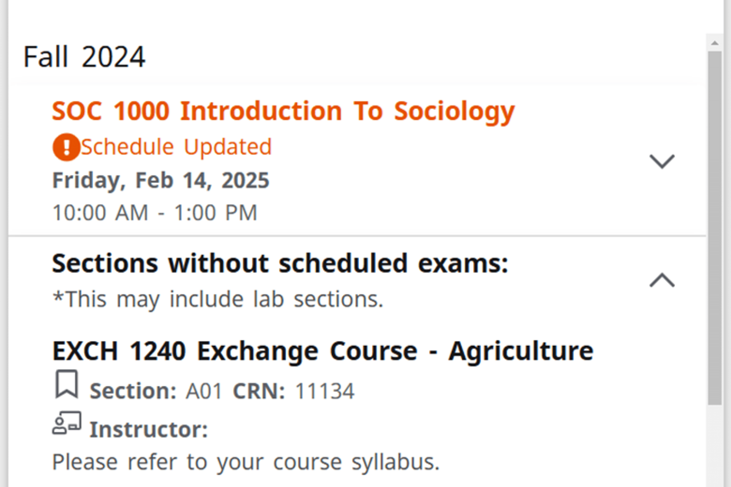 Stock image of My Exams card in Aurora displaying example of exam information.