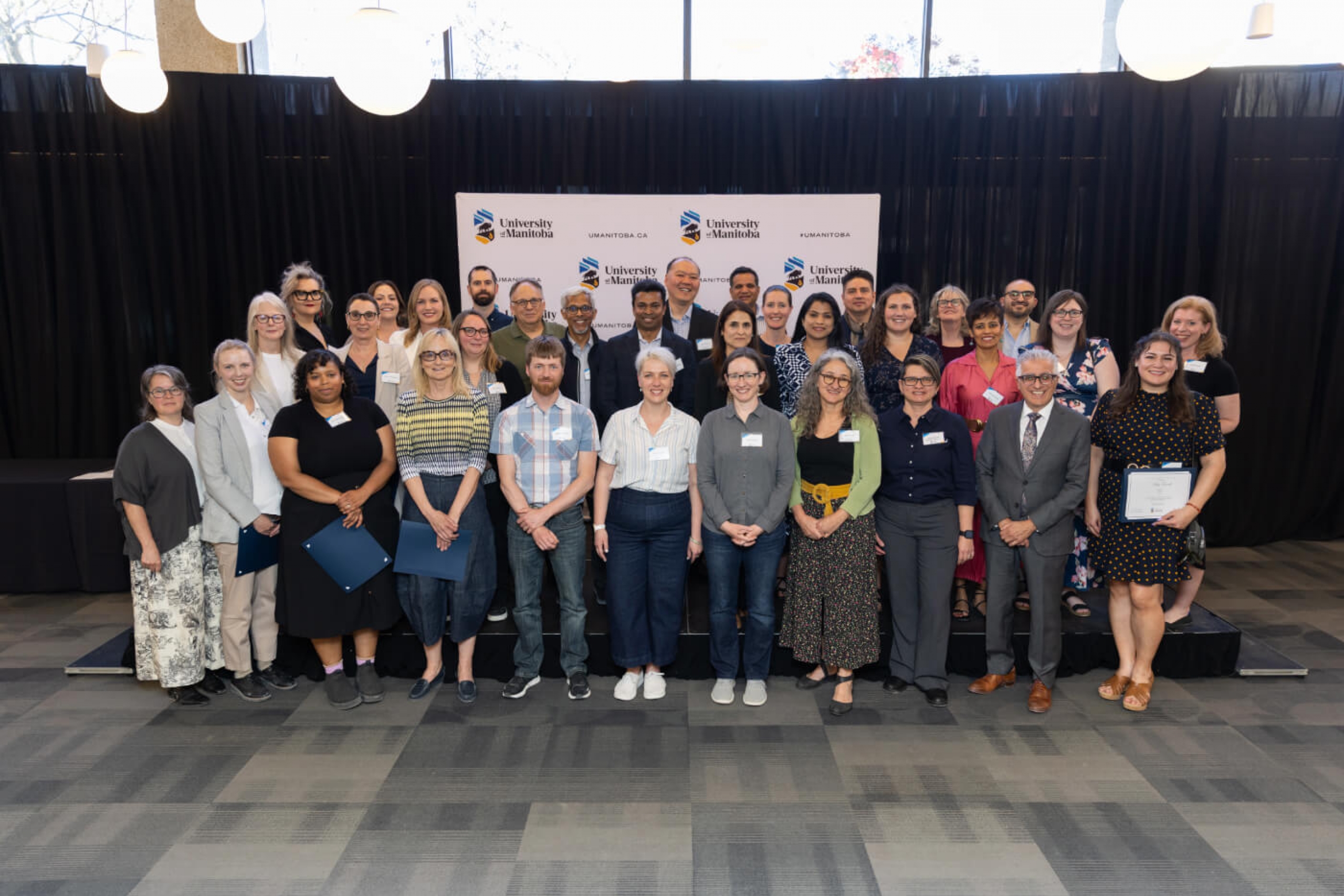 Recipients at the 2025 Faculty Recognition Reception, with President Michael Benarroch and Provost Diane Hiebert-Murphy