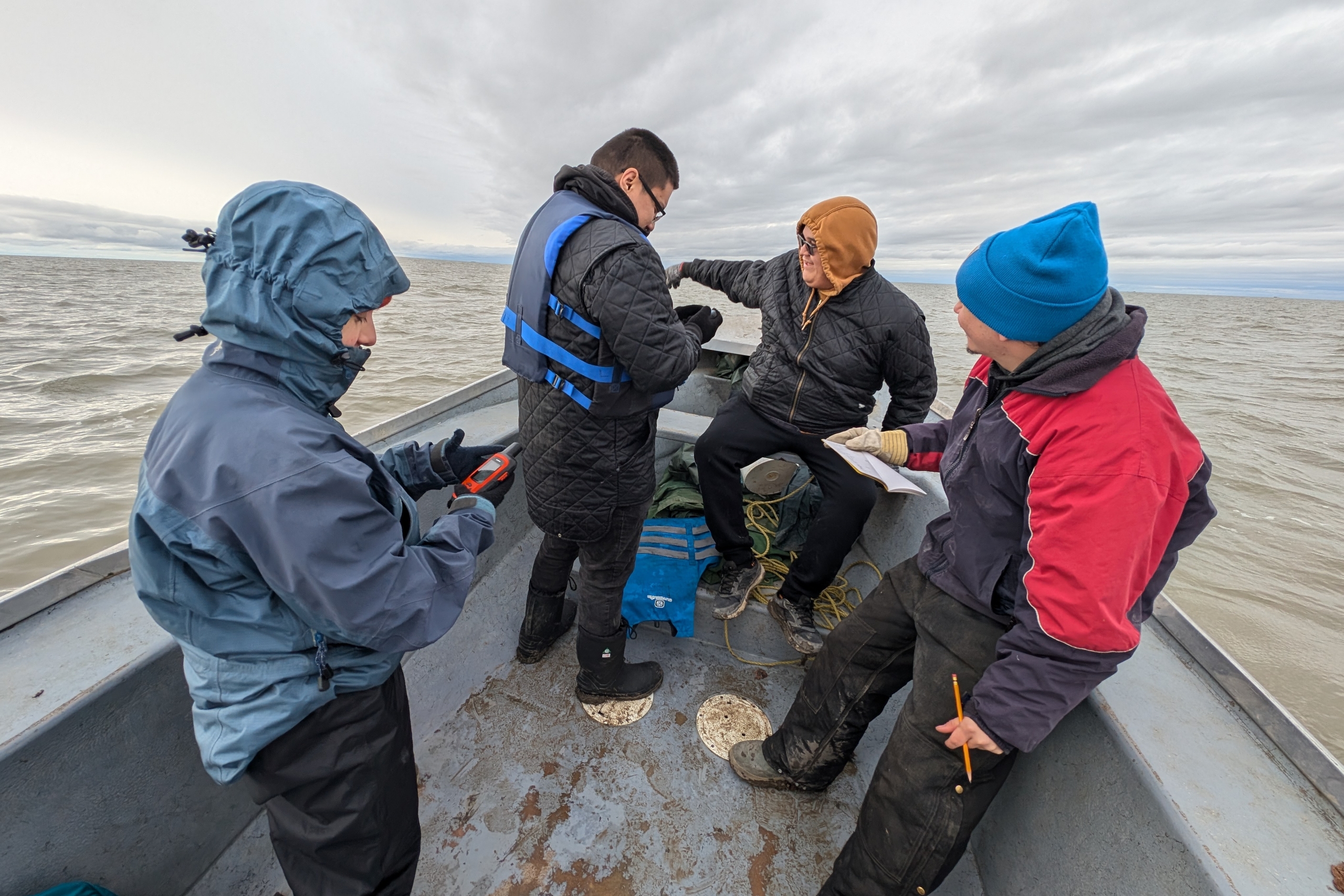 CanWIN members Tijana Aluloska and Aiden Hindmarch with Land Guardians Owen Bear and Seth Franklin heading towards the first sampling site located at the mouth of the river.