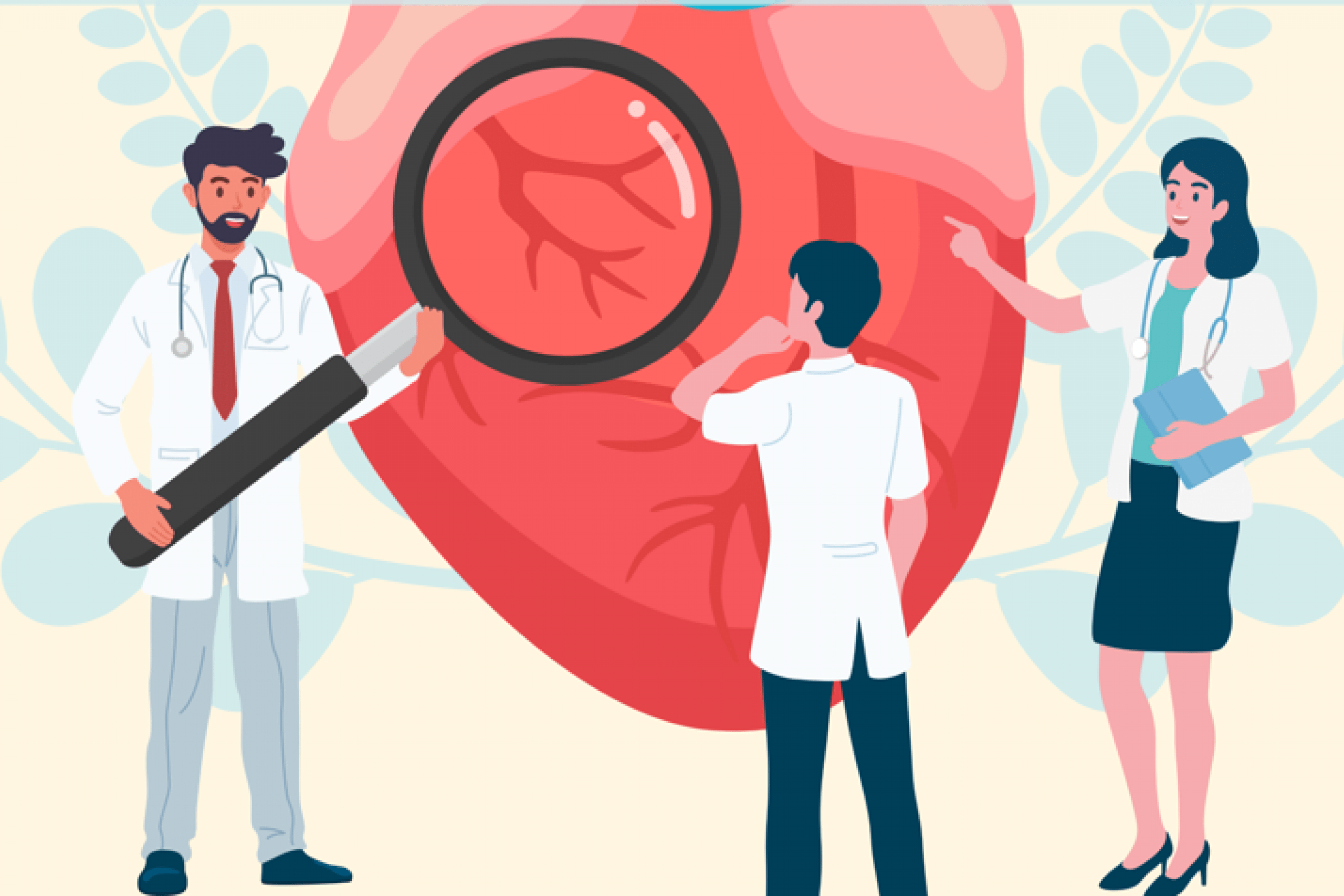 Graphic illustration of three researchers looking at a large human heart.