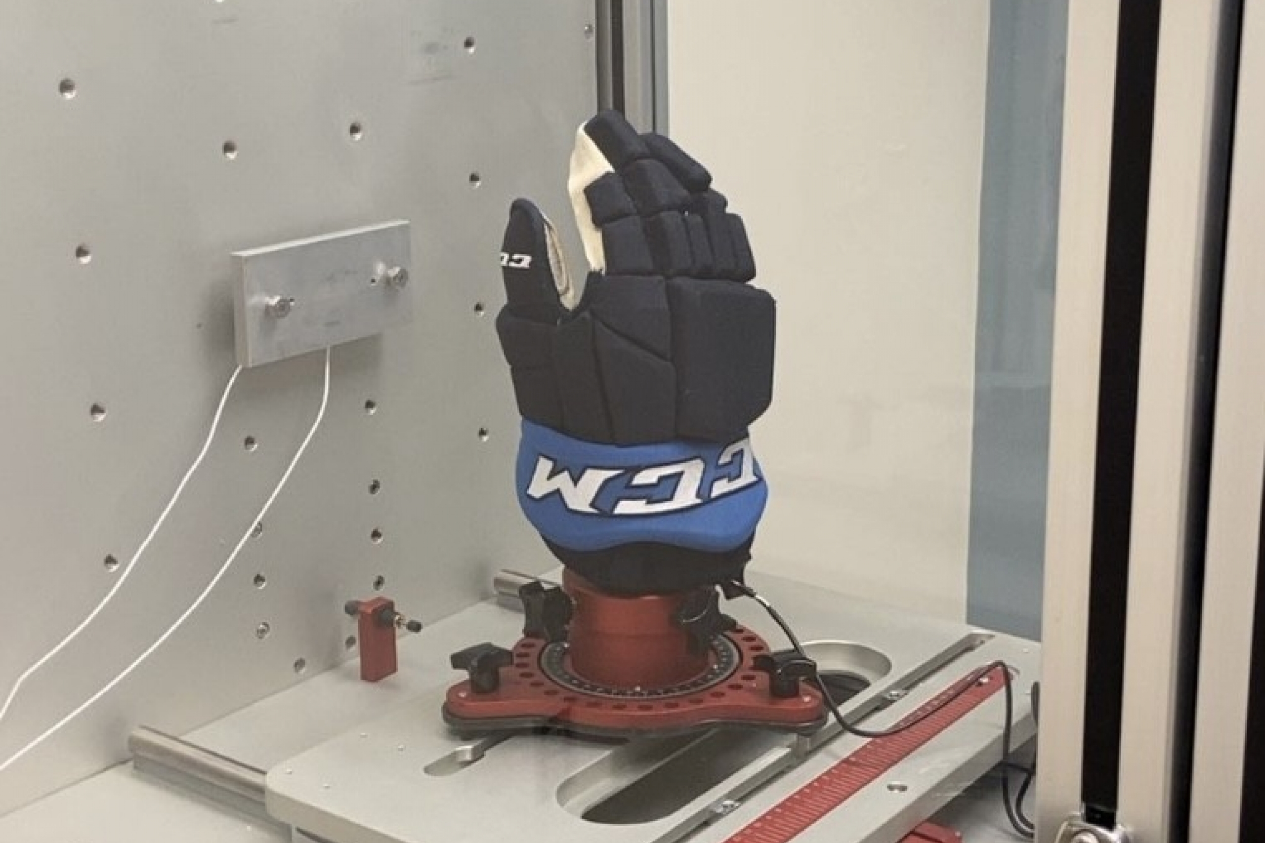 A hockey glove in a test chamber