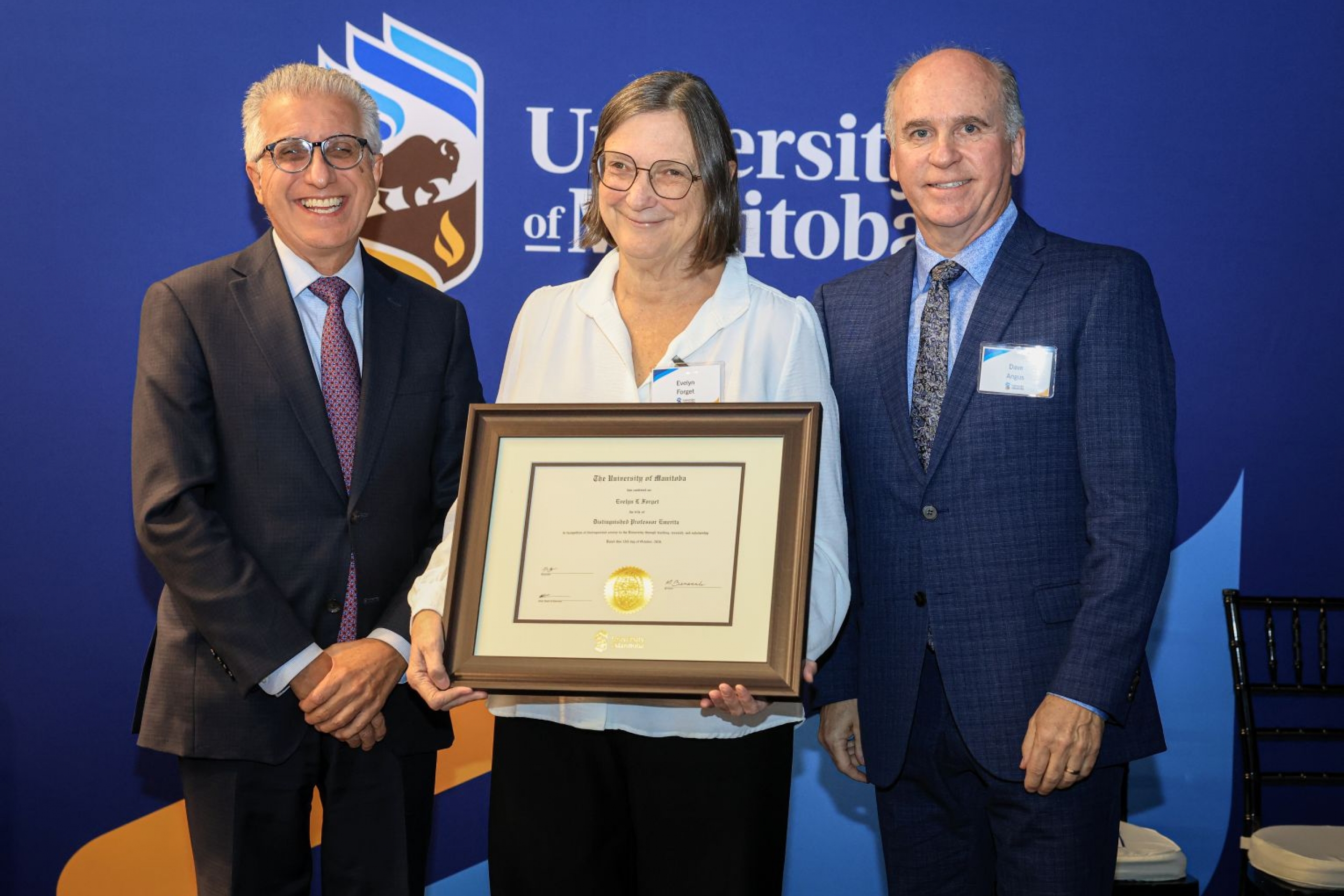 Evelyn Forget with President Benarroch and Chancellor Angus