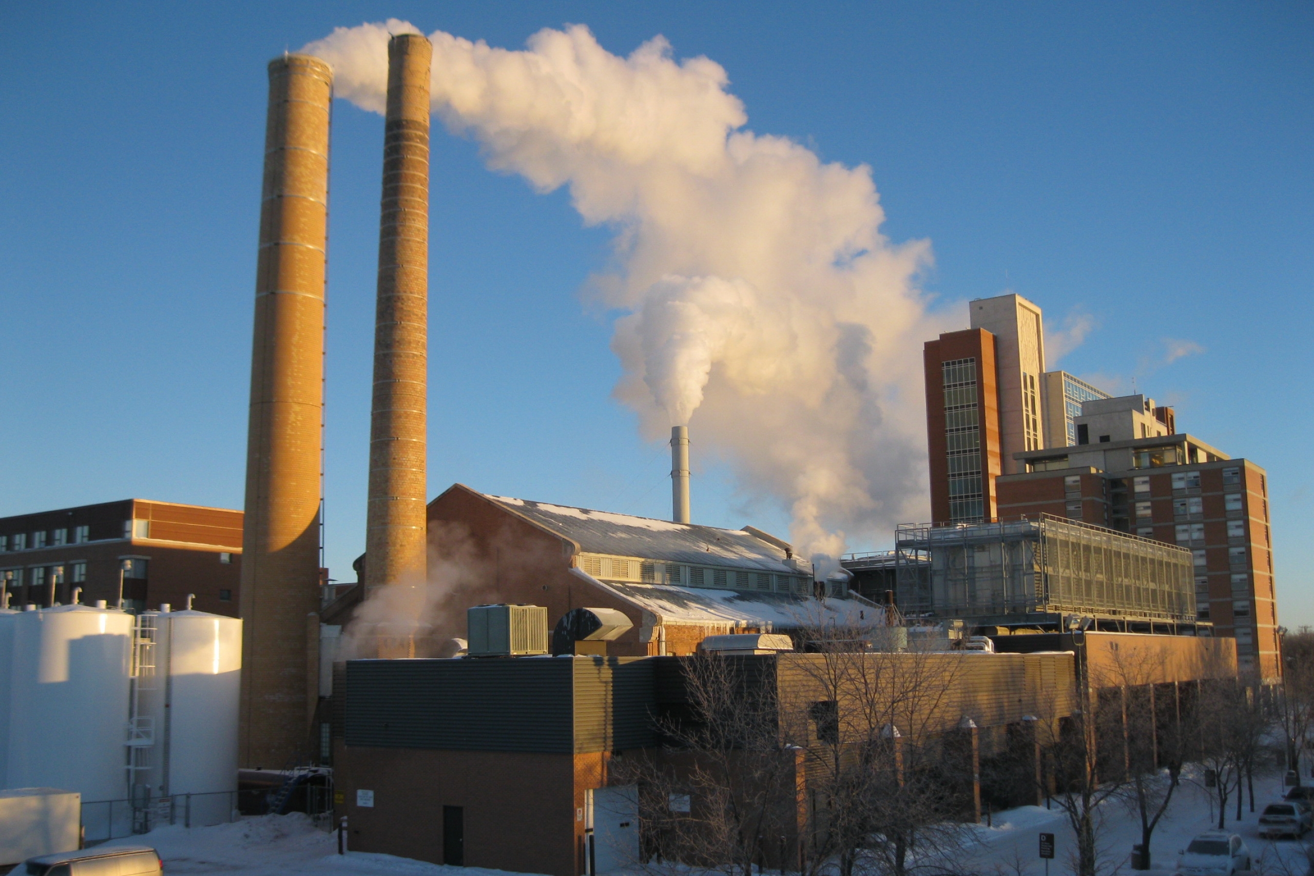 UM's power generating plant with large steam stacks