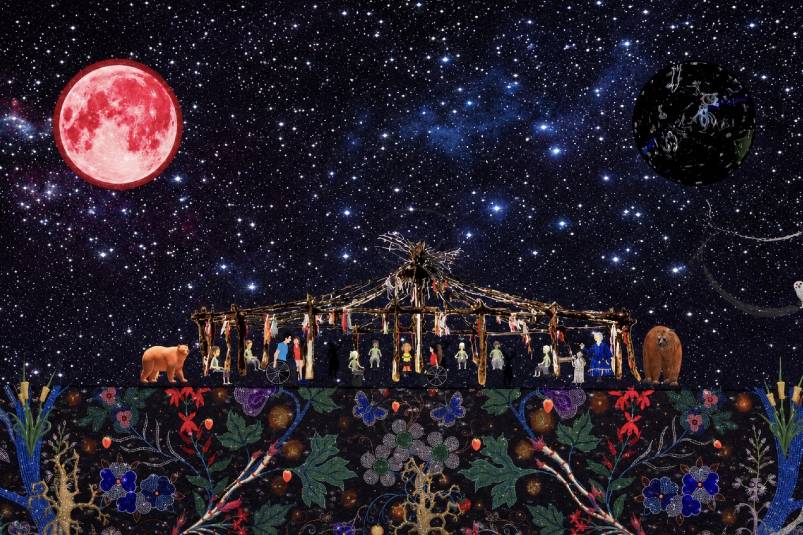 A drawn image that includes two moons, a lodge and a diverse community.