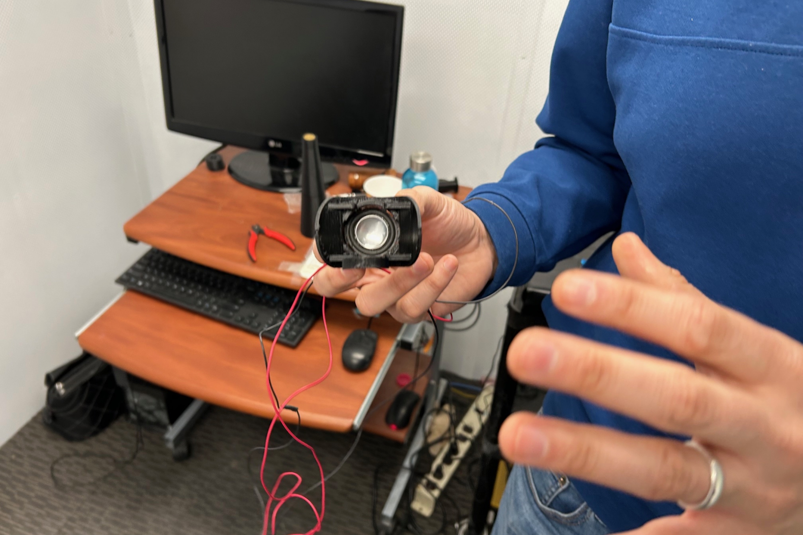 Hands holding a small microphone.