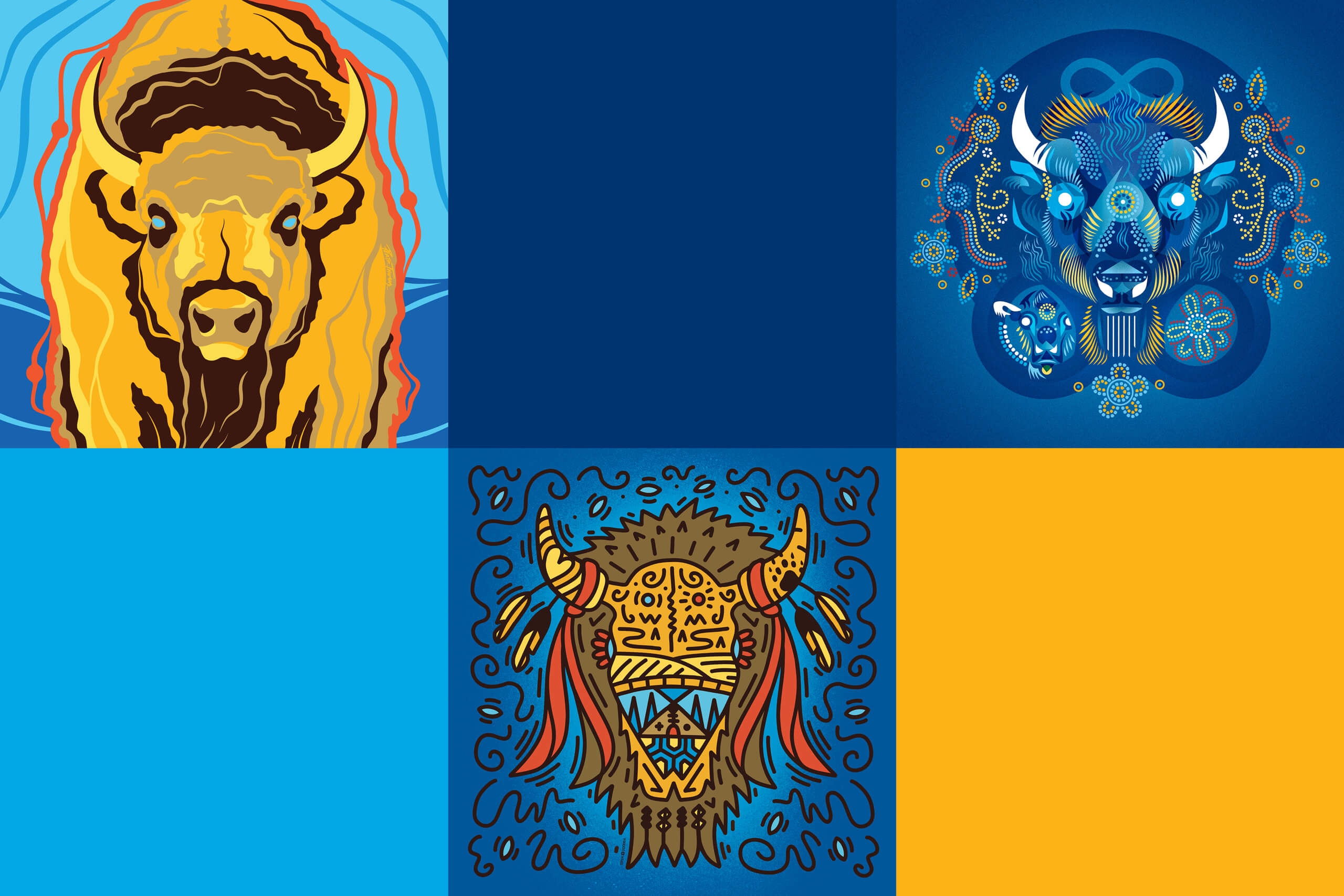 Three Indigenous-designed bison illustrations and three squares.
