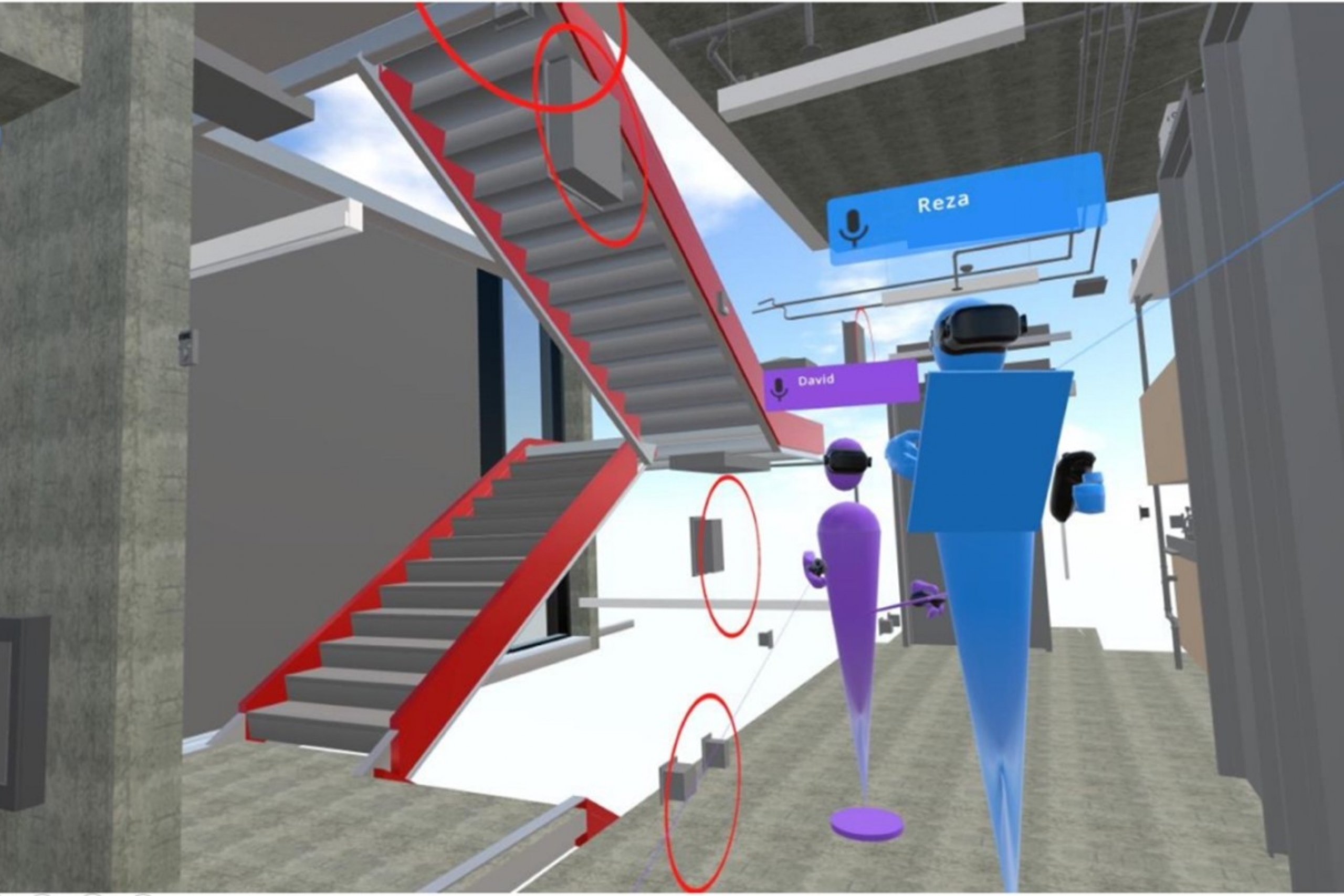 A digitally rendered building interior as seen through the virtual reality headset.