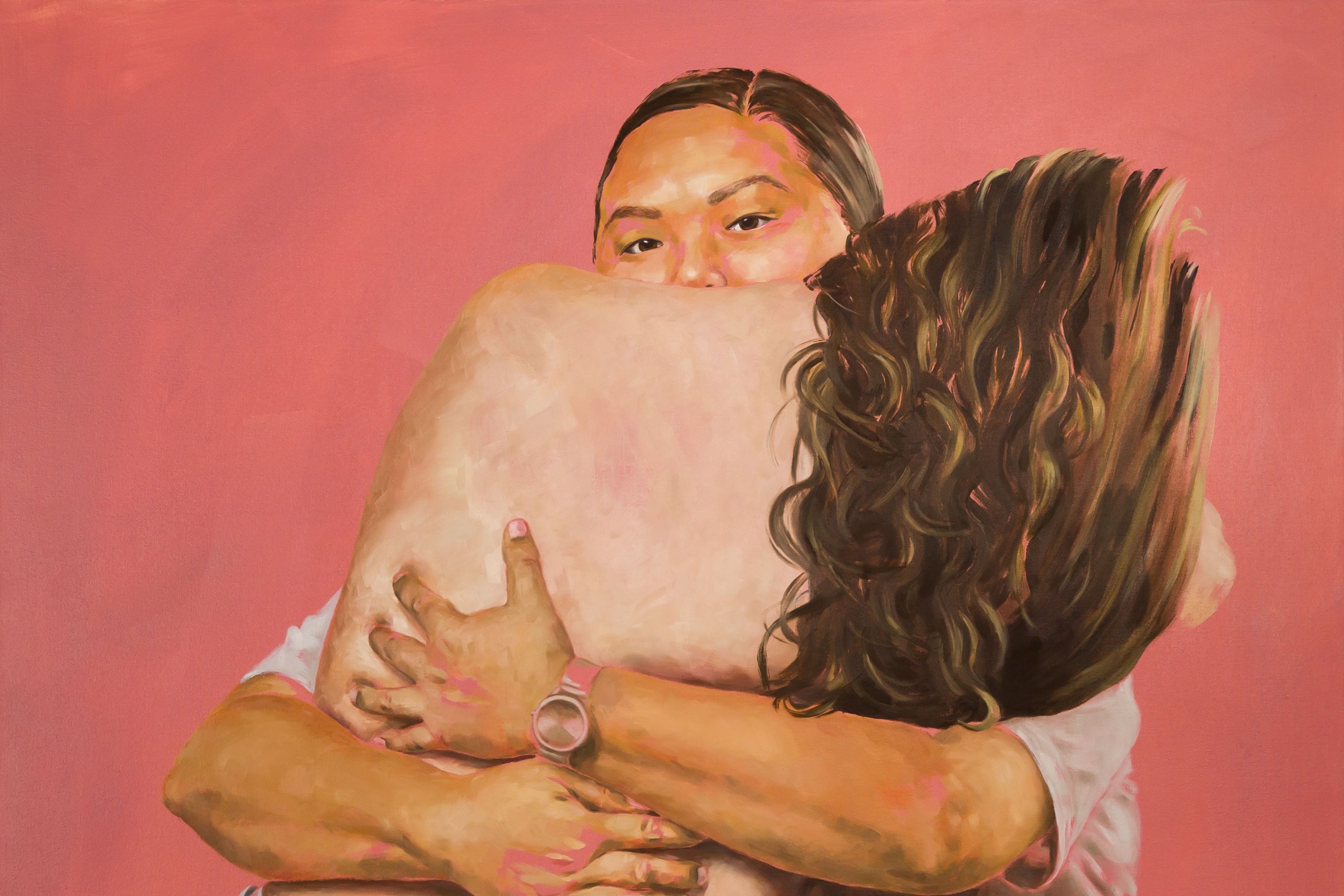 A painting called "Embrace" by Laura Lewis. Two people embrace on a pink background.