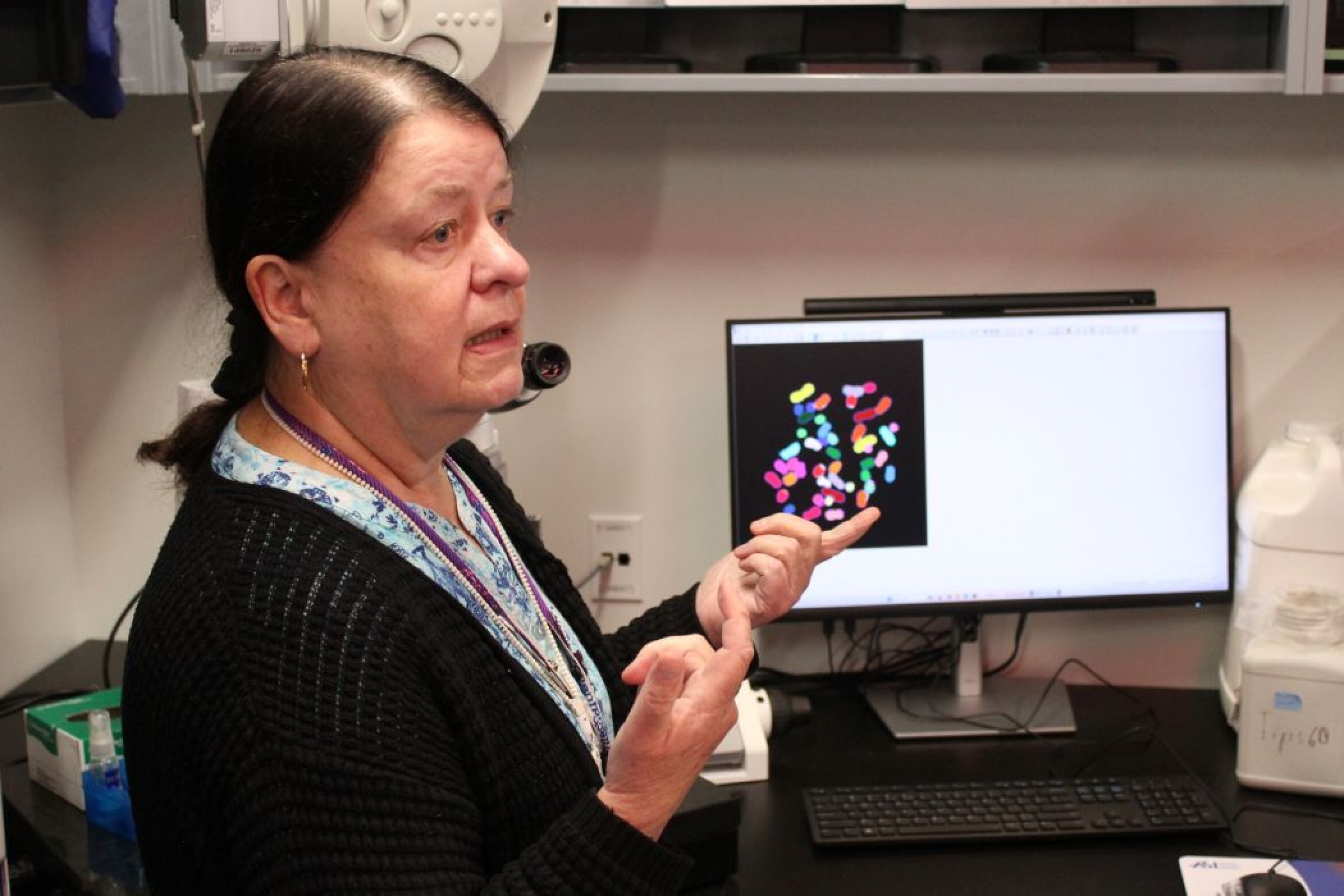 A colourful graphic is on a computer monitor behind Dr. Sabine Mai.
