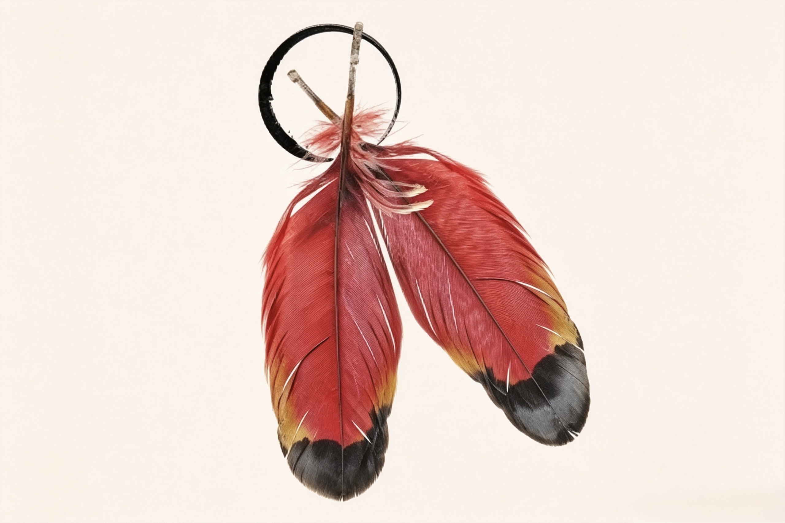 Two red feathers with black and gold tips hanging from a black metal ring against a white background.